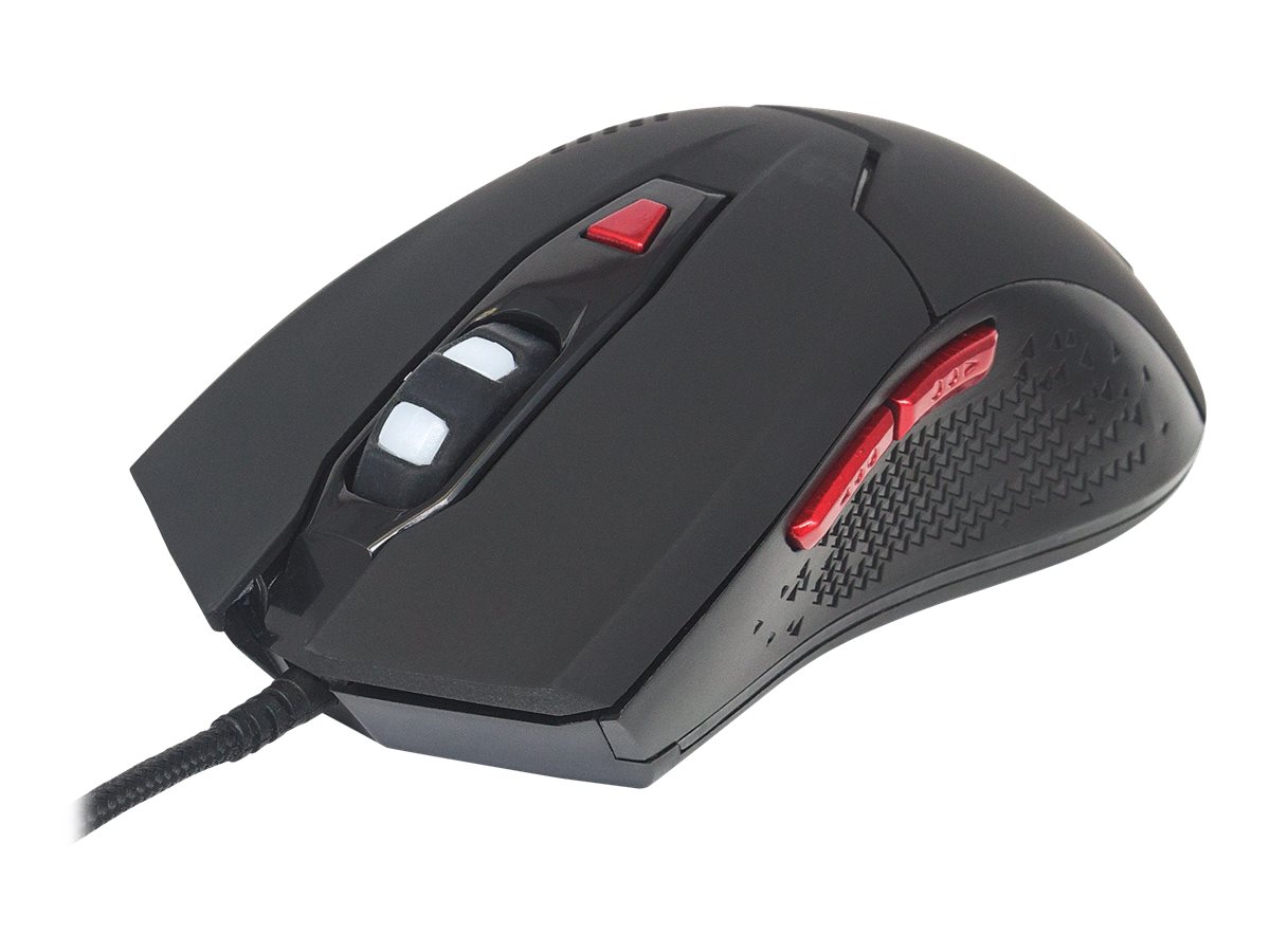 Manhattan Wired Optical Gaming USB-A Mouse with LEDs (Clearance Pricing), 480 Mbps (USB 2.0), Six Button, Scroll Wheel, 800-2400dpi, Black with Red Buttons, Three Year Warranty - Maus - optisch - 6 Tasten - kabelgebunden - USB 2.0