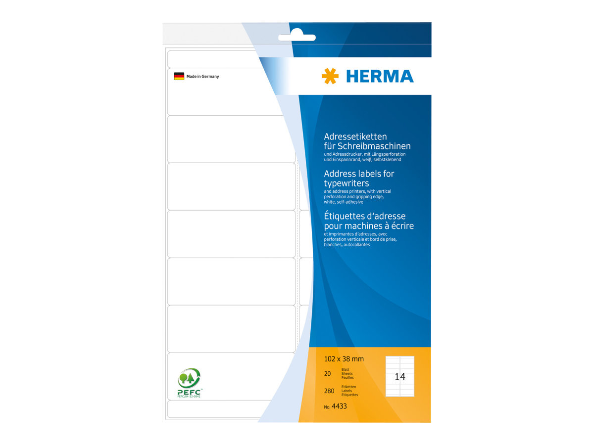 HERMA Papier - matt - permanent selbstklebend - perforiert - weiß - 102 x 38 mm 280 Etikett(en) (20 Bogen x 14)