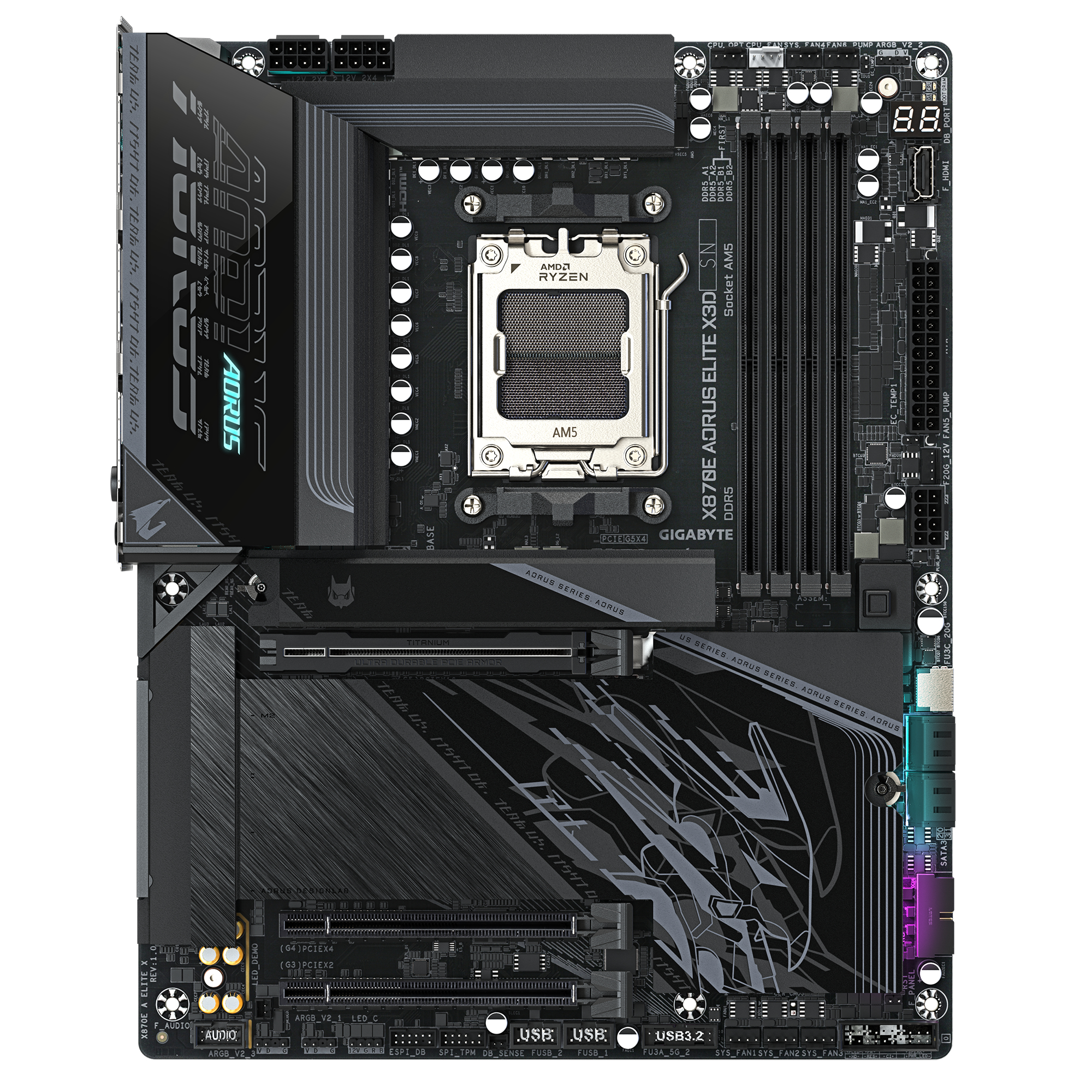 Gigabyte X870E AORUS ELITE X3D Mainboard – Unterstützt AMD Ryzen 9000 Prozessoren - ATX - AMD AM5, Ansicht 2