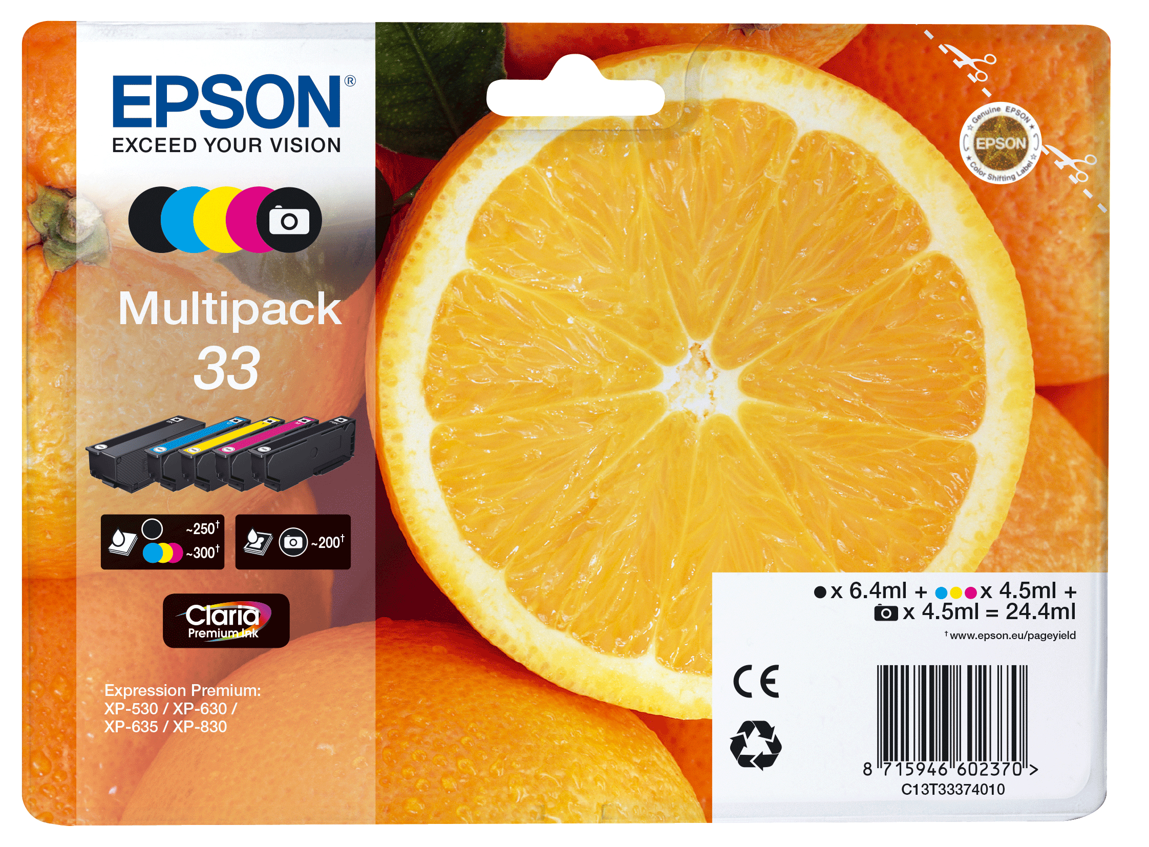 Epson Oranges Multipack 5-colours 33 Claria Premium Ink, Standardertrag, Tinte auf Pigmentbasis, Tinte auf Farbstoffbasis, 6,4 ml, 4,5 ml, 1 Stück(e)