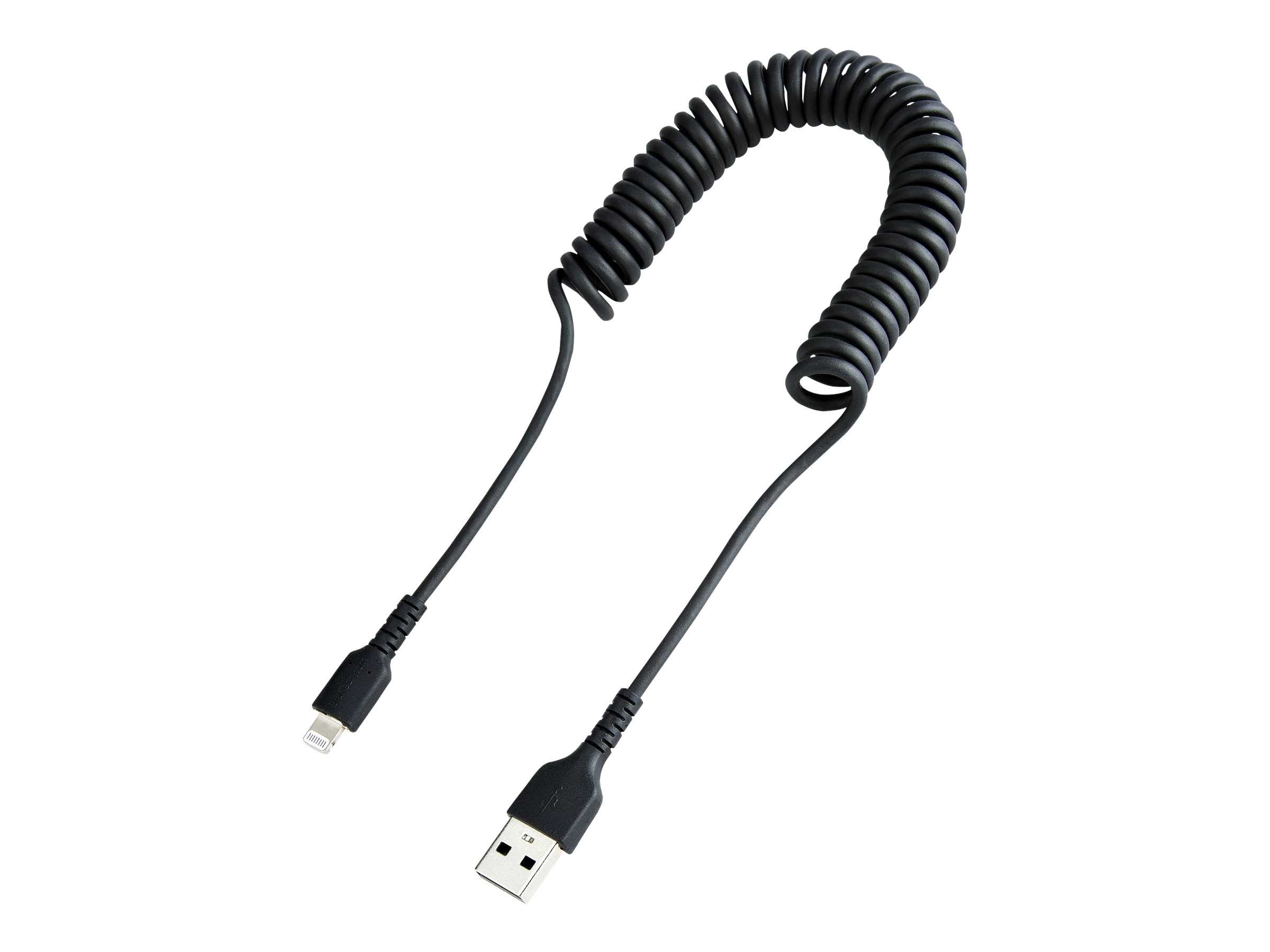 StarTech.com 1m USB auf Lightning Kabel, Spiralkabel, MFi zertifiziert, Schnellladekabel für iPhone/iPad, Schwarz, robuster TPE Mantel mit Aramidfaser, USB 2.0 Kabel (RUSB2ALT1MBC)