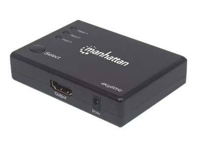Manhattan HDMI Switch 3-Port (Compact), 4K@60Hz, Connects x3 HDMI sources to x1 display, Remote Control and Manual Switching (via button), AC Powered (cable 1.2m), Black, Three Year Warranty, Blister - Video/Audio-Schalter - 3 x HDMI - Desktop