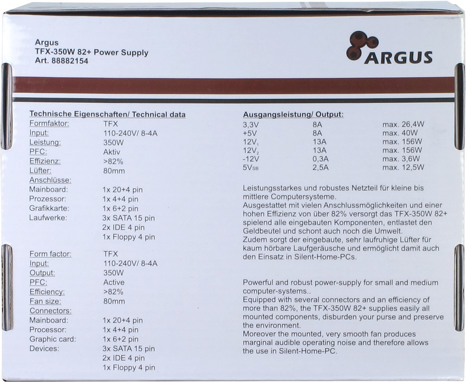 Inter-Tech Argus TFX-350W - Netzteil (intern) - TFX12V - Wechselstrom 115/230 V, Ansicht 2