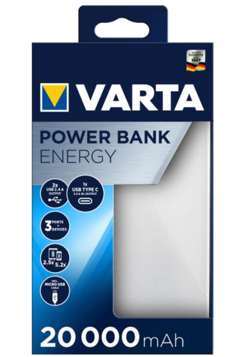 Varta Energy - Powerbank - 20000 mAh - 74 Wh - 15 Watt - 3 Ausgabeanschlussstellen (2 x USB, USB-C), Ansicht 2