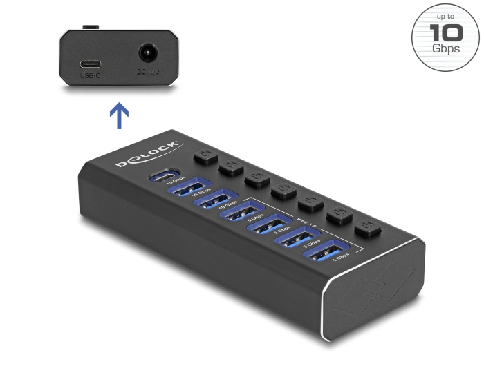 Delock 7 Port USB Hub mit 3 Ports 10 Gbps und 4 Schnellladeports 5 Schalter, Ansicht 2