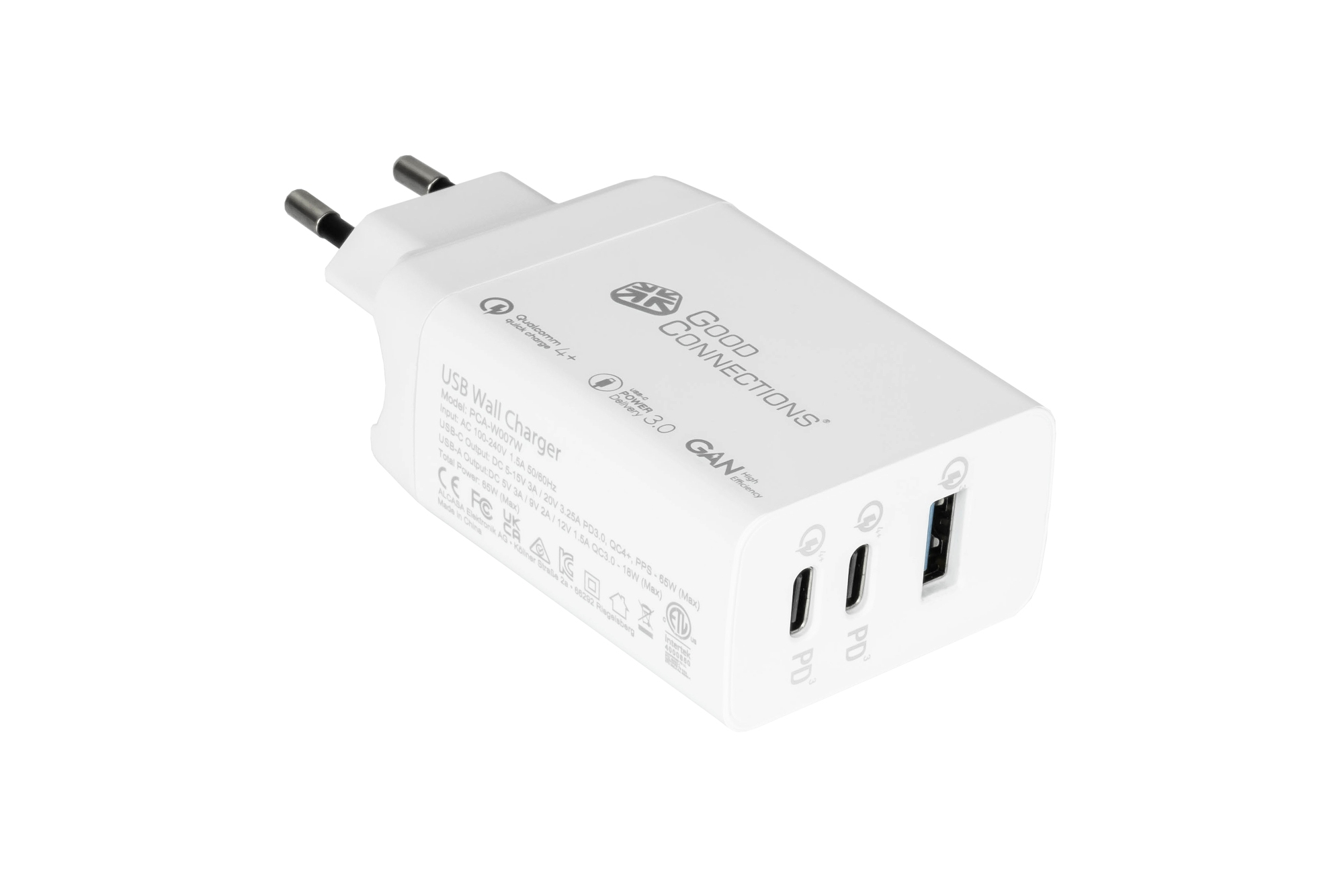 Good Connections USB-Schnellladegerät 65W mit GaN-Technologie, 3-Port (2x USB-C und 1x USB-A), PD 3.0, QC 3.0, Weiß, Ansicht 2