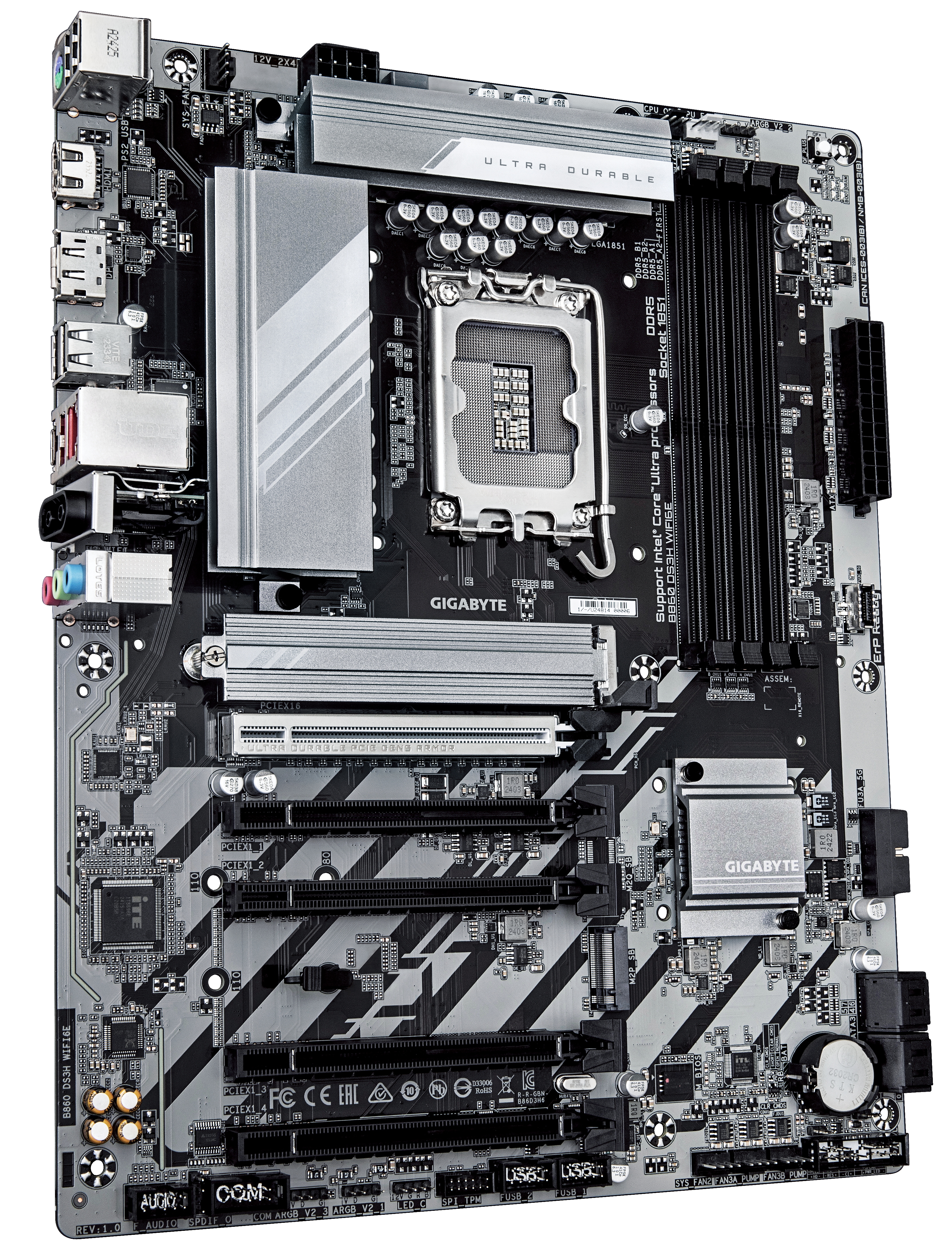 Gigabyte B860 DS3H WIFI6E - Motherboard - ATX - LGA1851-Sockel - B860 Chipsatz - Onboard-Grafik (CPU erforderlich), Ansicht 3