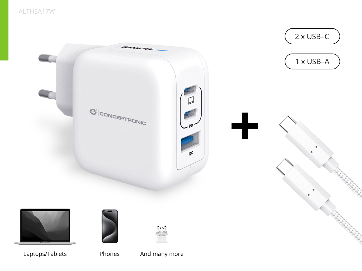 Conceptronic Ladegerät 3Port 67W 2xUSB-C 1xUSB-a+3-in-1 ws, Ansicht 4