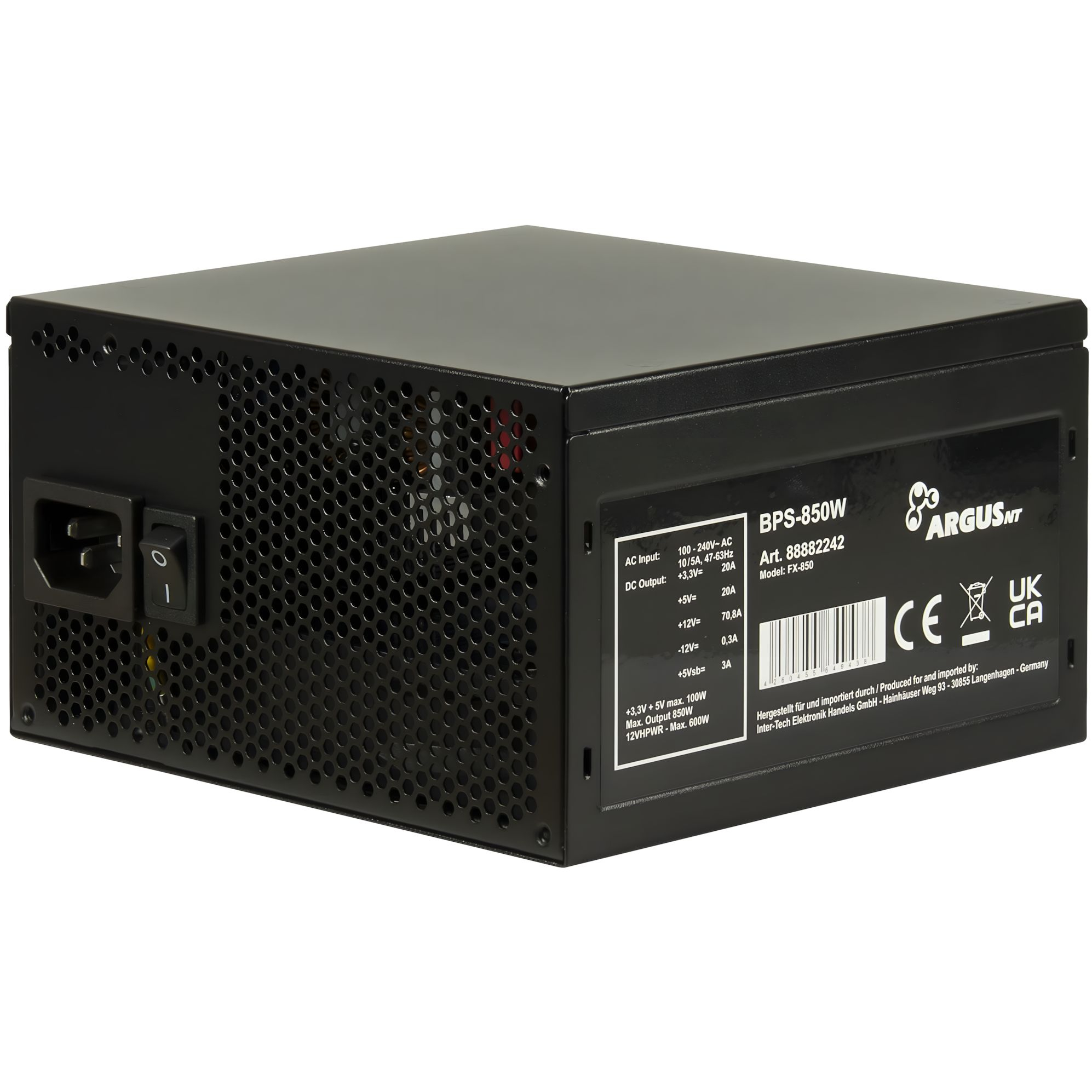Inter-Tech Netzteil 850W ArgusNT BPS-850 Bronze ATX 3.0 Std. - PC-/Server Netzteil - 180 min, Ansicht 3