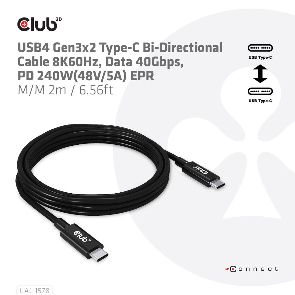 Club 3D USB-Kabel - 24 pin USB-C (M) zu 24 pin USB-C (M) - USB4 Gen3x2 - 48 V - 5 A - 2 m - Support von 8K 60 Hz, Ansicht 2