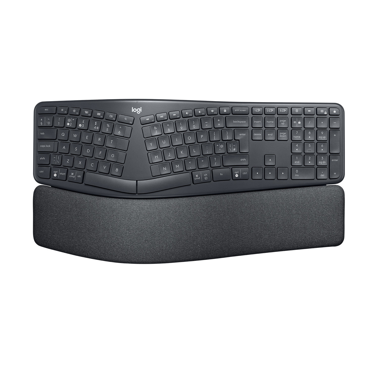 Logitech Ergo K860, Volle Größe (100%), Kabellos, RF Wireless + Bluetooth, Halbmechanischer Schlüsselschalter, Graphit