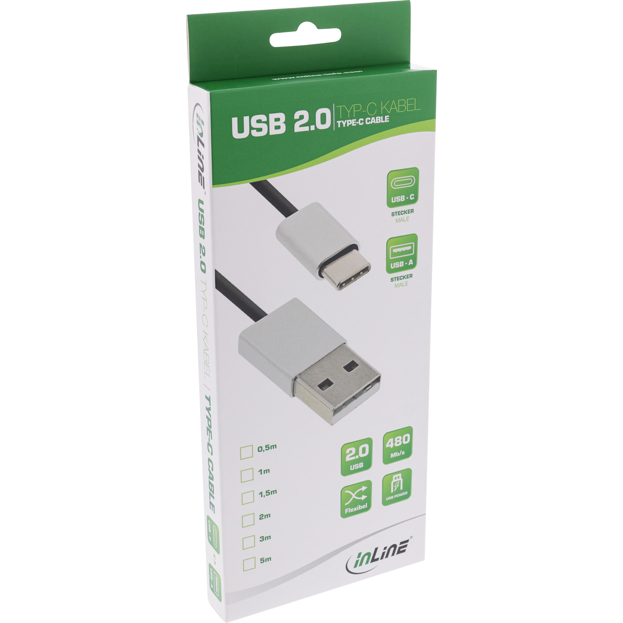 InLine USB 2.0 Kabel - USB-C Stecker an A Stecker - schwarzAlu - flexibel - 3m