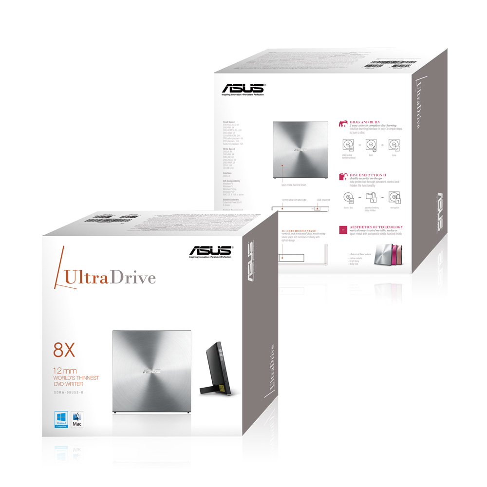 ASUS SDRW-08U5S-U - Laufwerk - DVD±RW (±R DL) / DVD-RAM - metallisch, Ansicht 2