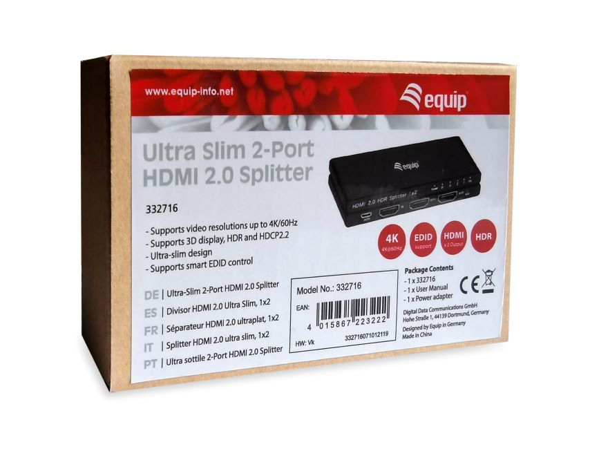 Equip Ultra-Slim 2-Port HDMI 2.0 Splitter - HDMI - 2x HDMI - 3840 x 2160 Pixel - Schwarz - Aluminium - 4K Ultra HD, Ansicht 4