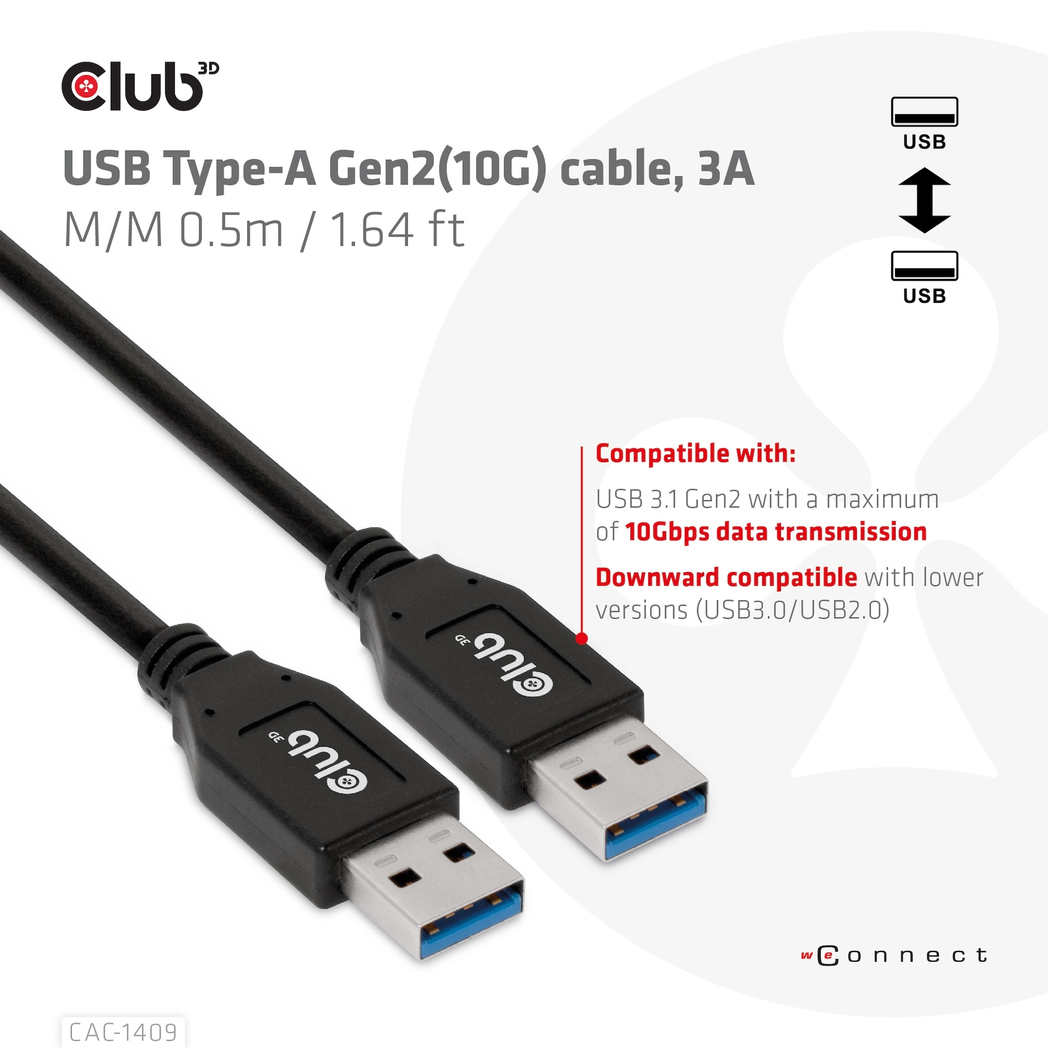Club 3D USB-Kabel - USB Typ A (M) zu USB Typ A (M), Ansicht 3