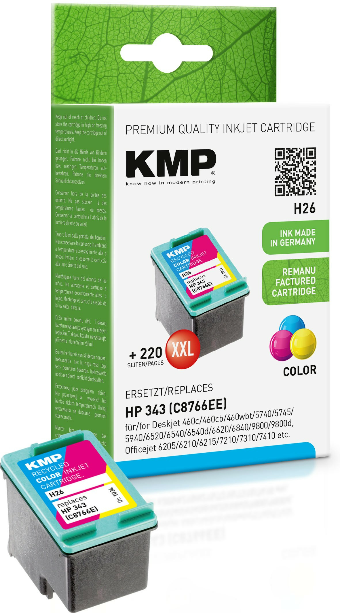 KMP H26 - 14 ml - Größe XXL - Farbe (Cyan, Magenta, Gelb) - kompatibel - Tintenpatrone (Alternative: HP 343, HP C8766EE), Ansicht 3