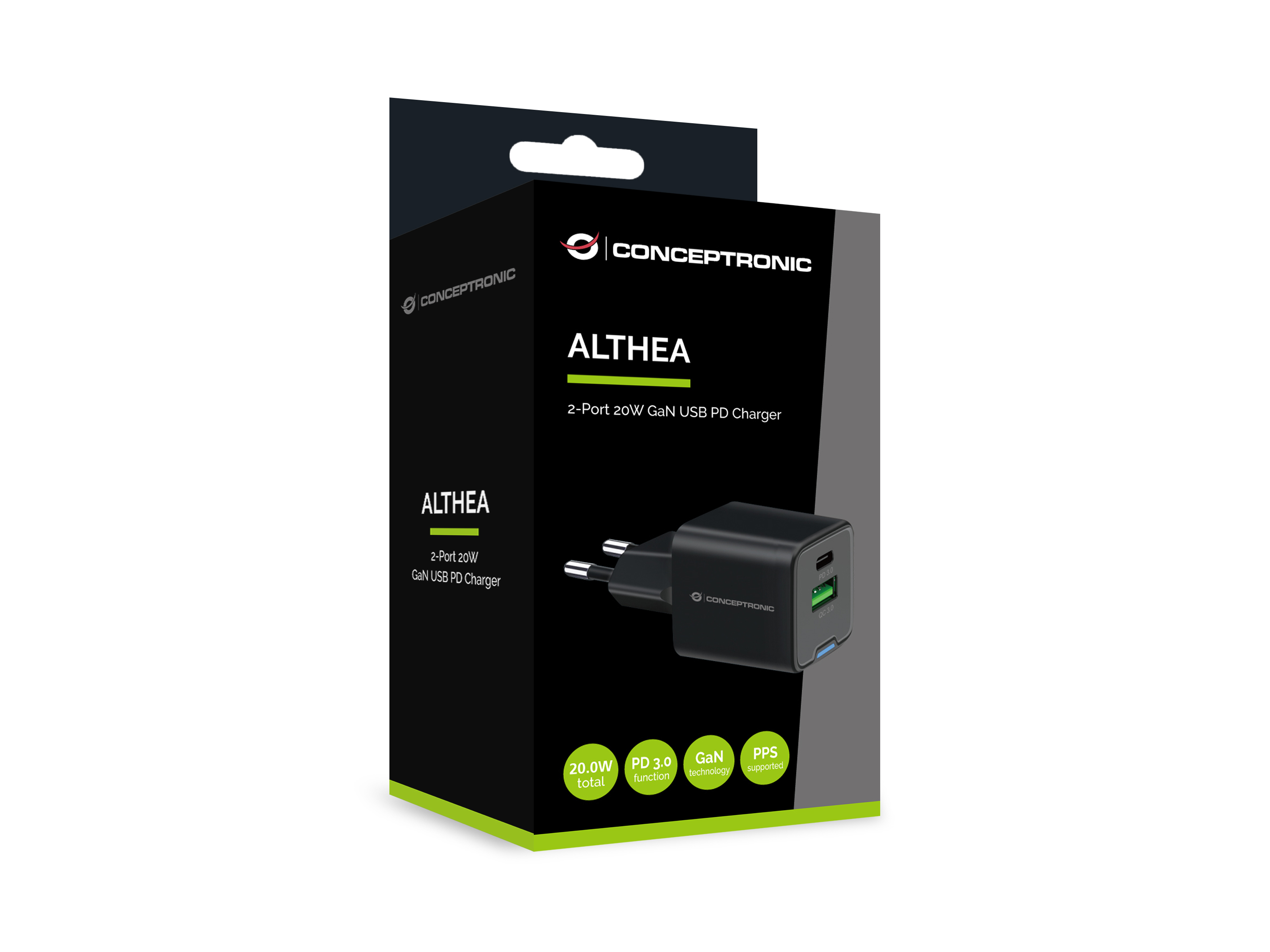 Conceptronic Ladegerät 2Port 20W 1xUSB-C 1xUSB-A 1.5m sw, Ansicht 4