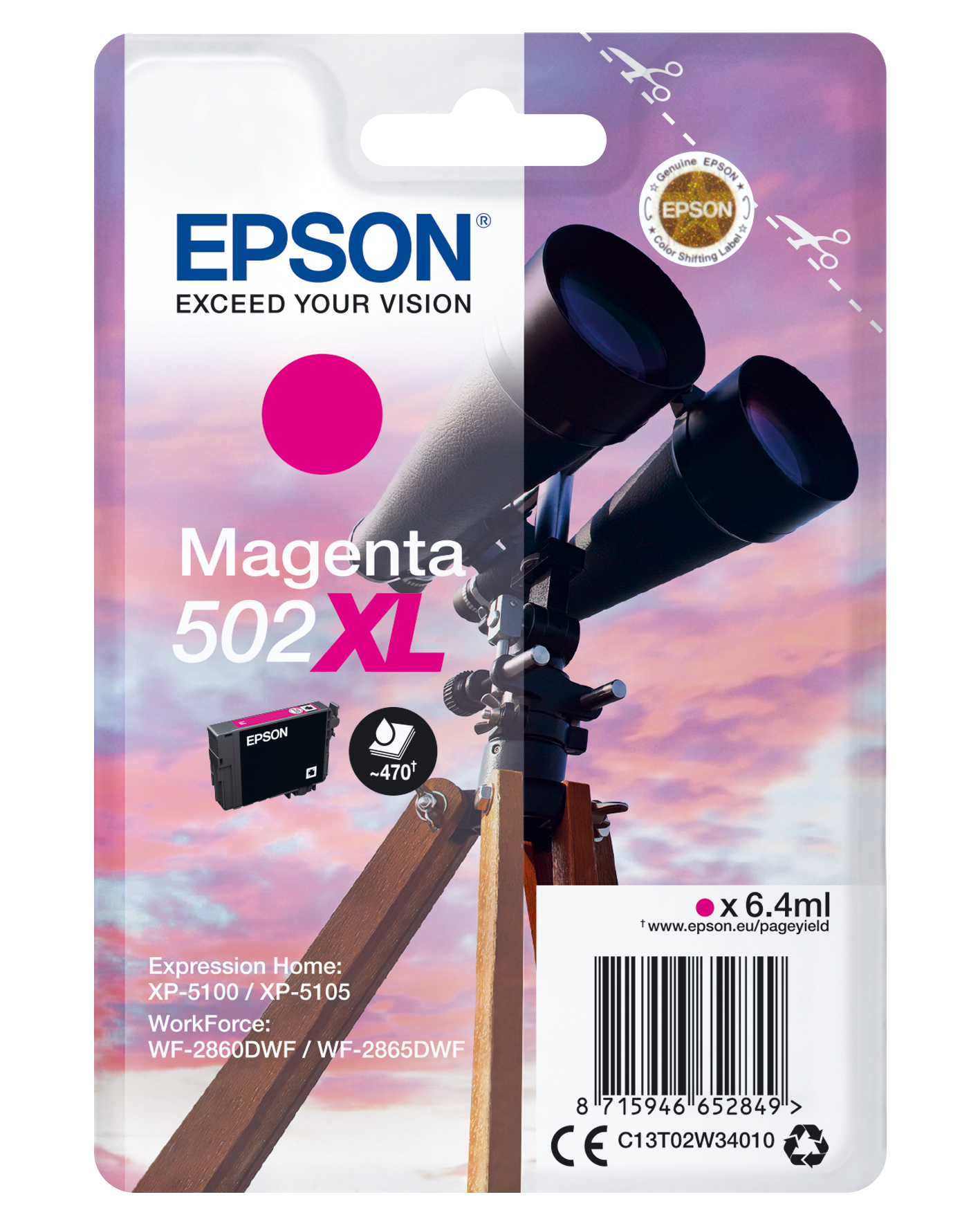 Epson Singlepack Magenta 502XL Ink, Hohe (XL-) Ausbeute, Tinte auf Pigmentbasis, 6,4 ml, 470 Seiten, 1 Stück(e)