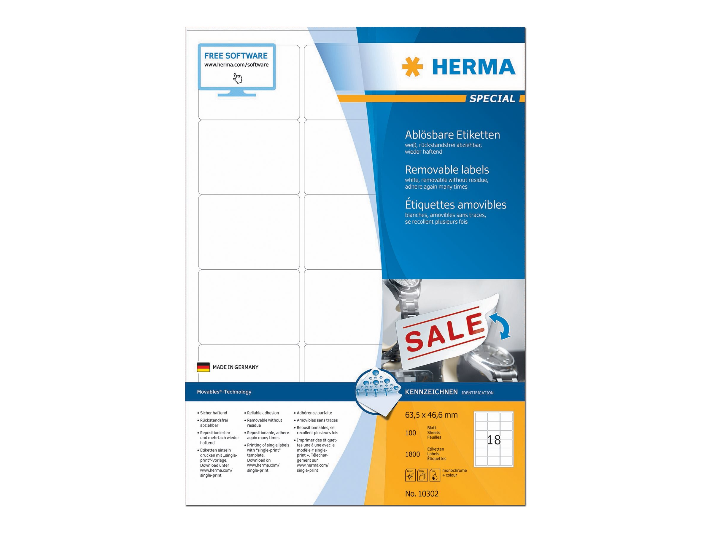 HERMA Special - Papier - matt - selbstklebend entfernbarer Klebstoff - weiß - 63.5 x 46.6 mm 1800 Etikett(en) (100 Bogen x 18)