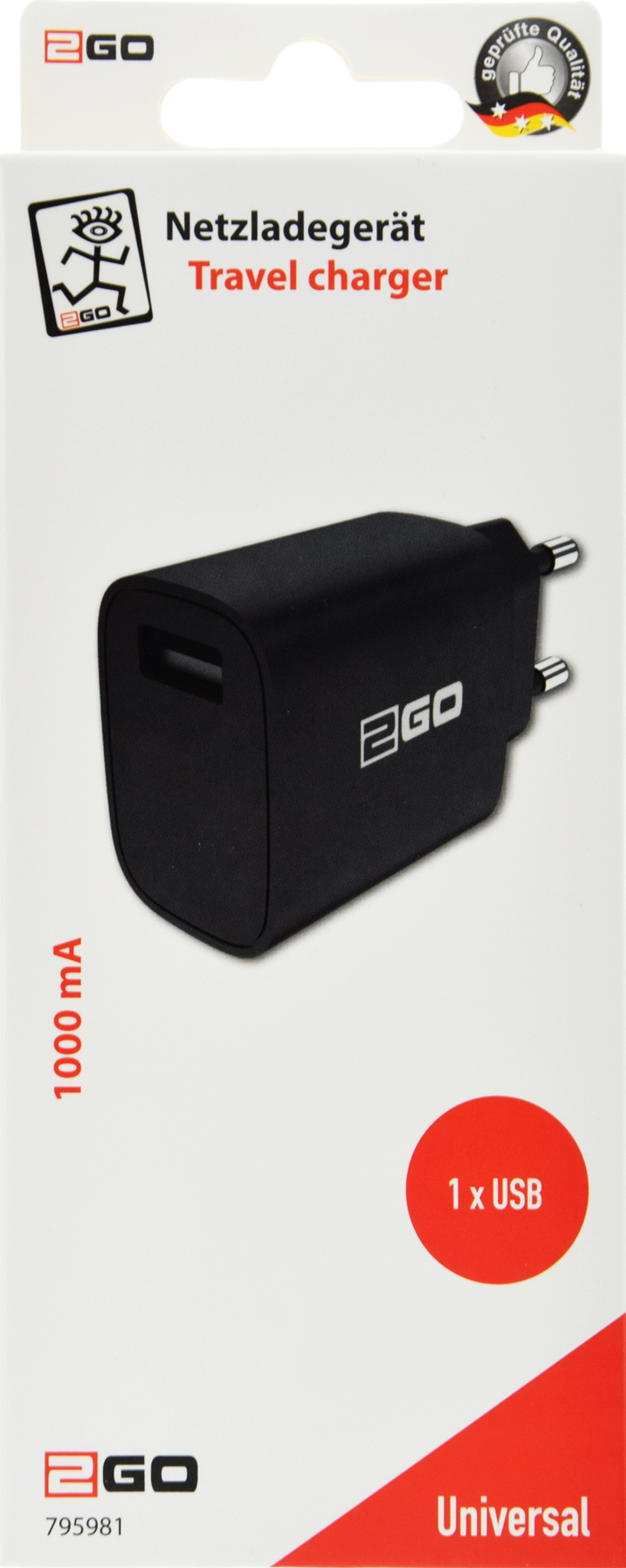 2GO Ladegerät 5W 1x USB-A schwarz, Ansicht 2