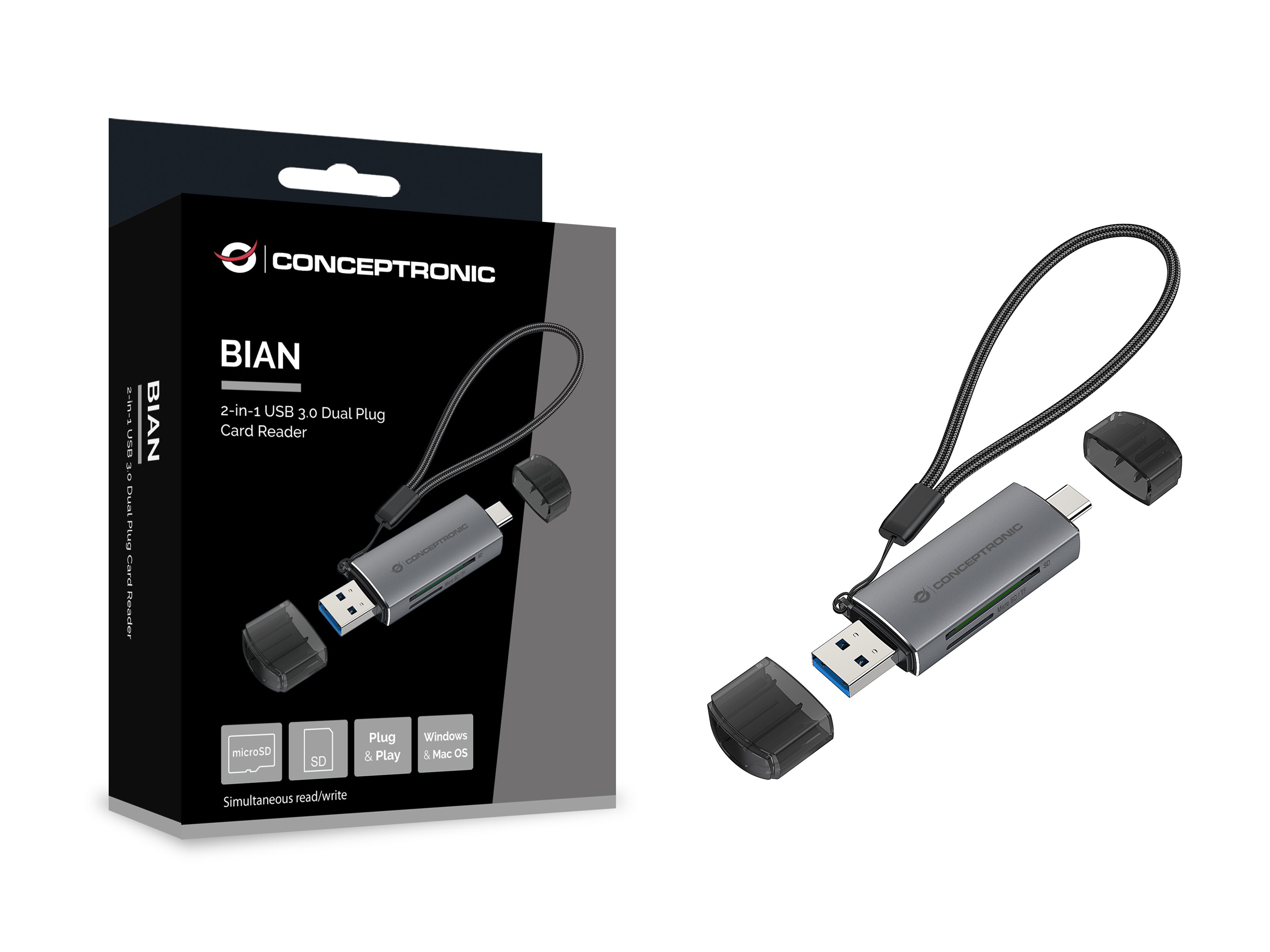 Conceptronic BIAN05G 2-in-1 Dual Plug Kartenleser USB 3.0 - SD/MicroSD 3.0 - UHS-I - MicroSD (TransFlash) - SD - SDHC, Ansicht 2