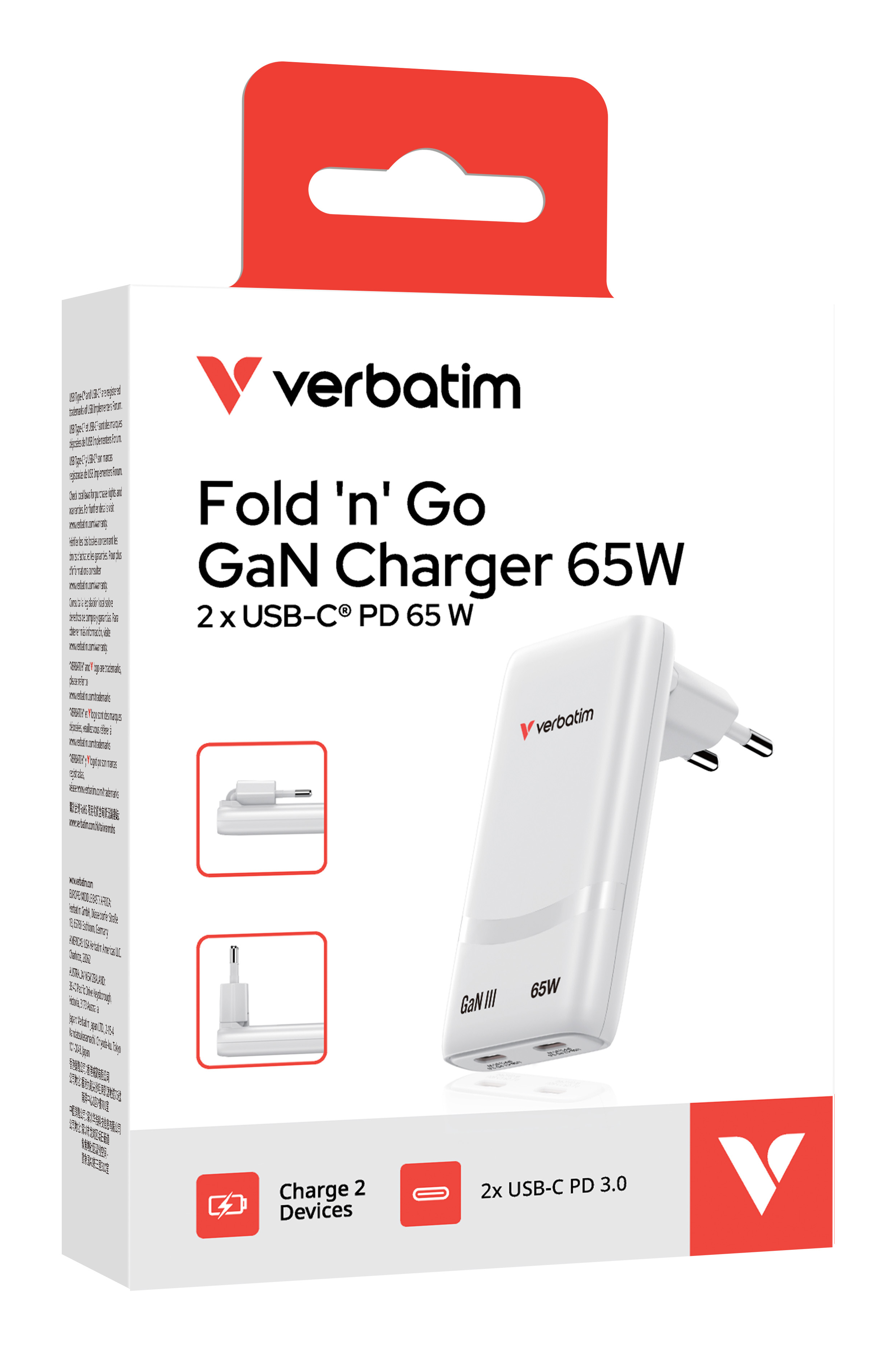 Verbatim GaN III Fold´n´ Go Charger 2 Port 65W USB-C white, Ansicht 2