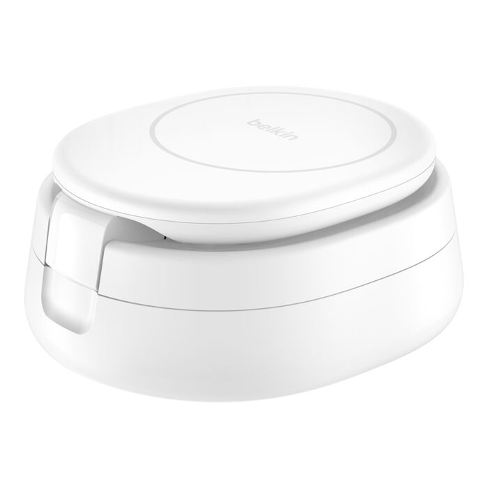 Belkin BoostCharge - Kabelloses Ladegerät - 2-in-1, Qi2, magnetisch, faltbar + AC-Netzteil - Weiß, Ansicht 3