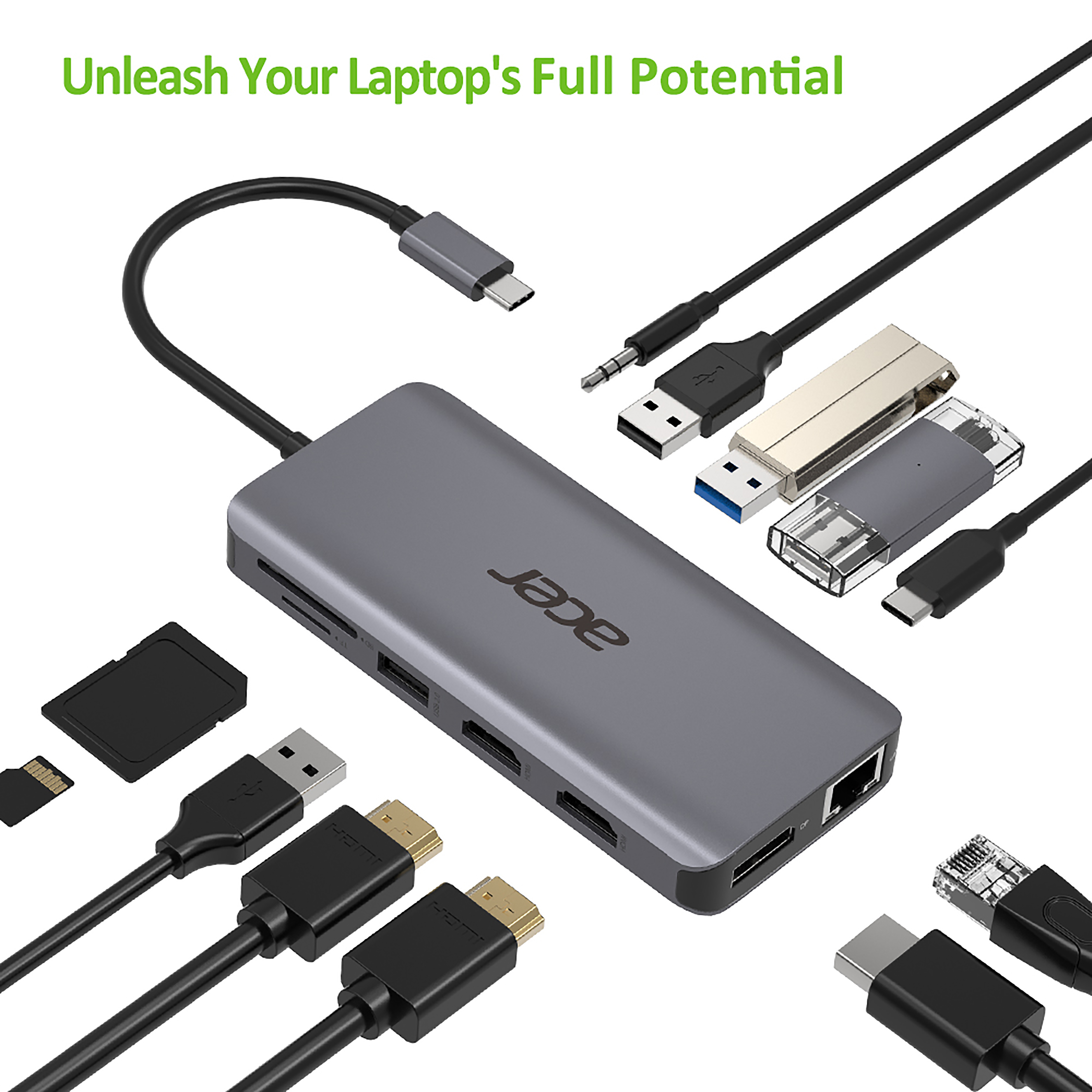 Acer HP.DSCAB.009 - Kabelgebunden - USB 3.2 Gen 1 (3.1 Gen 1) Type-C - 3,5 mm - 10,100,1000 Mbit/s - Silber - MicroSD (TransFlash) - SD