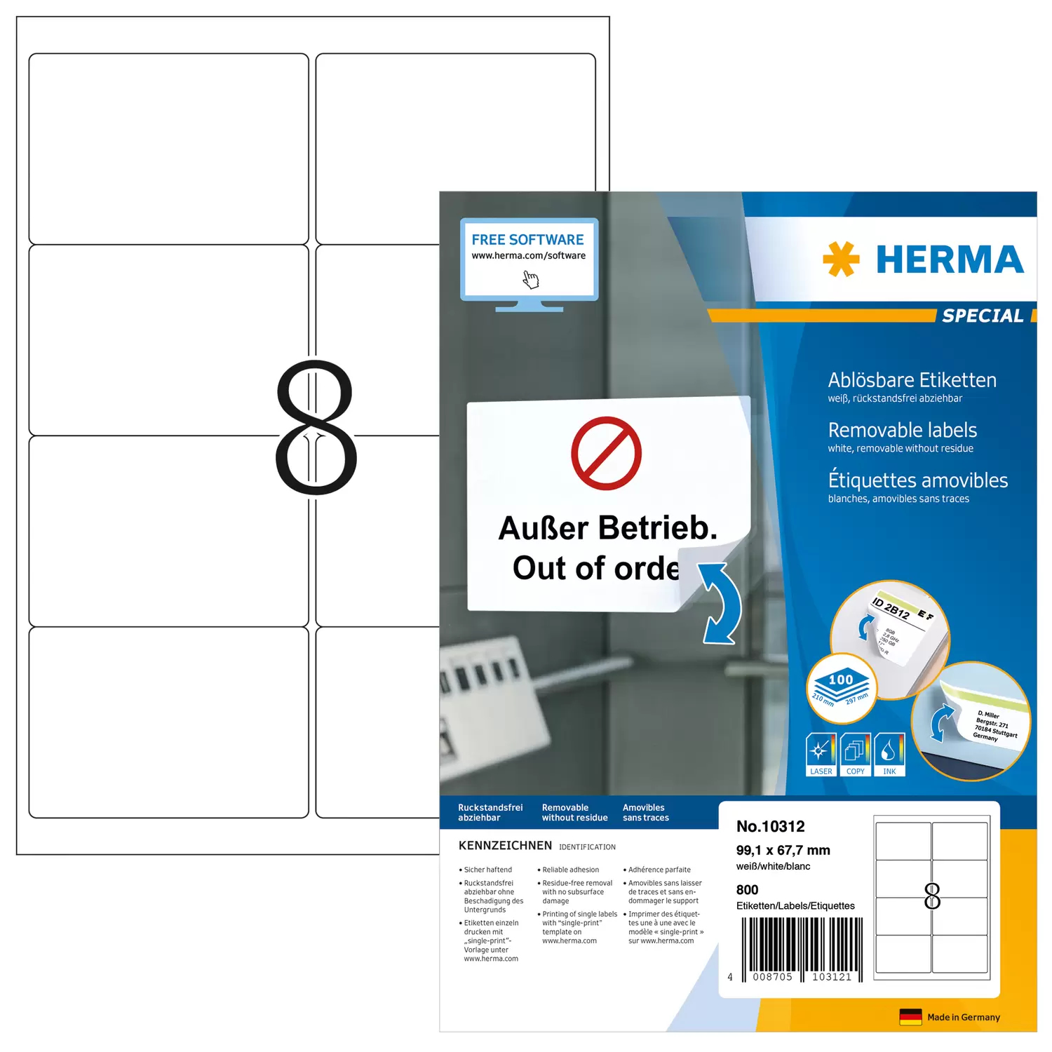 HERMA Special - Papier - matt - selbstklebend, neu positionierbar - weiß - 99.1 x 67.7 mm 800 Etikett(en)(100 Bogen x 8), Ansicht 4