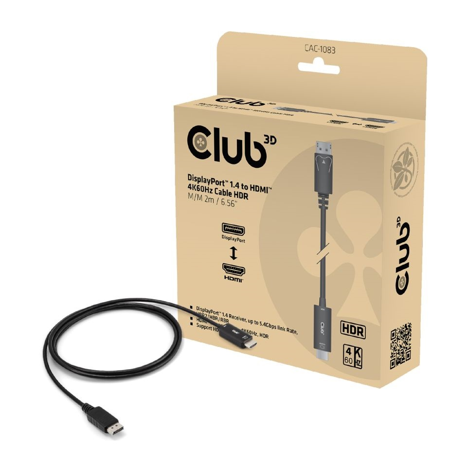 Club 3D Adapterkabel - DisplayPort männlich zu HDMI männlich - 2 m - Support von 4K 60 Hz - HDR-Support, Ansicht 2