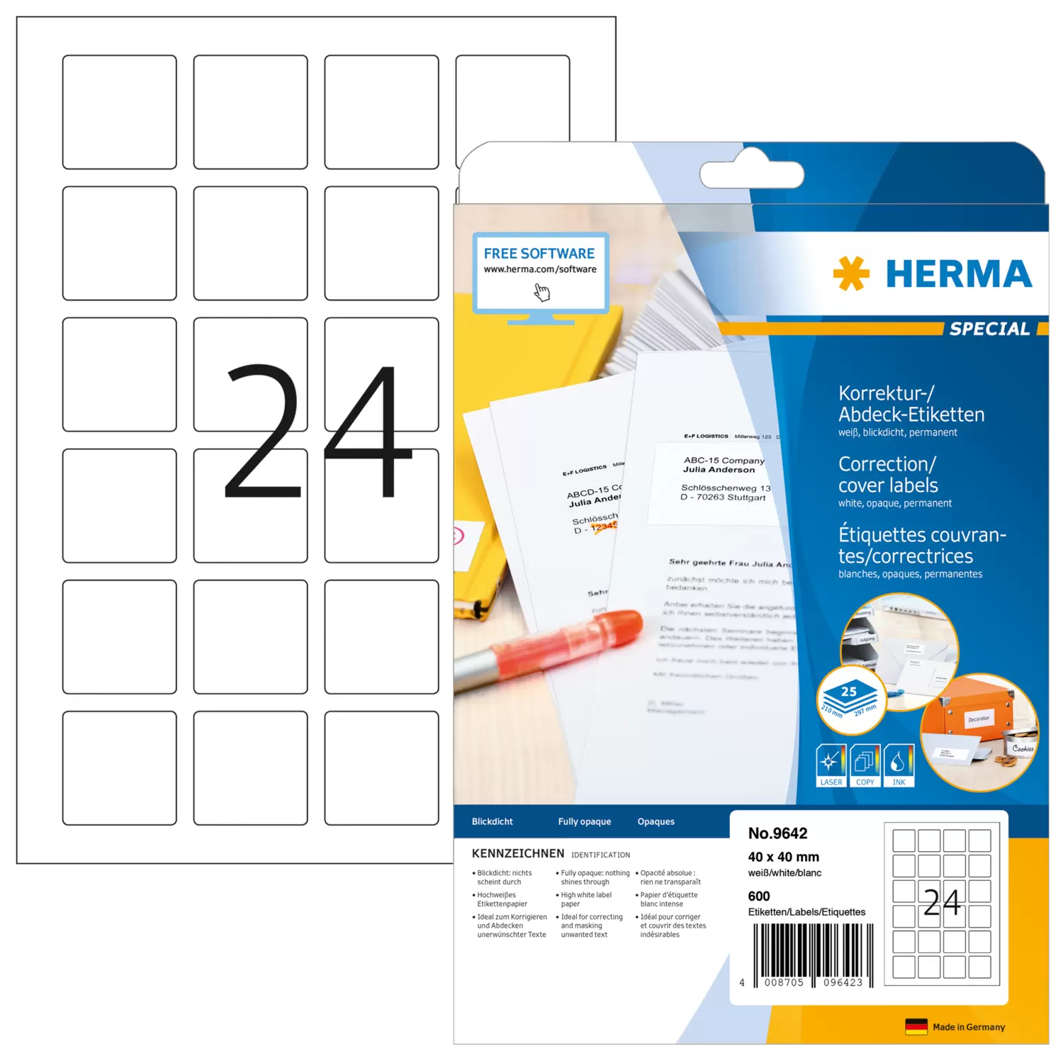 HERMA Special - Papier - matt - permanent selbstklebend - weiß - 40 x 40 mm 600 Etikett(en) (25 Bogen x 24), Ansicht 4