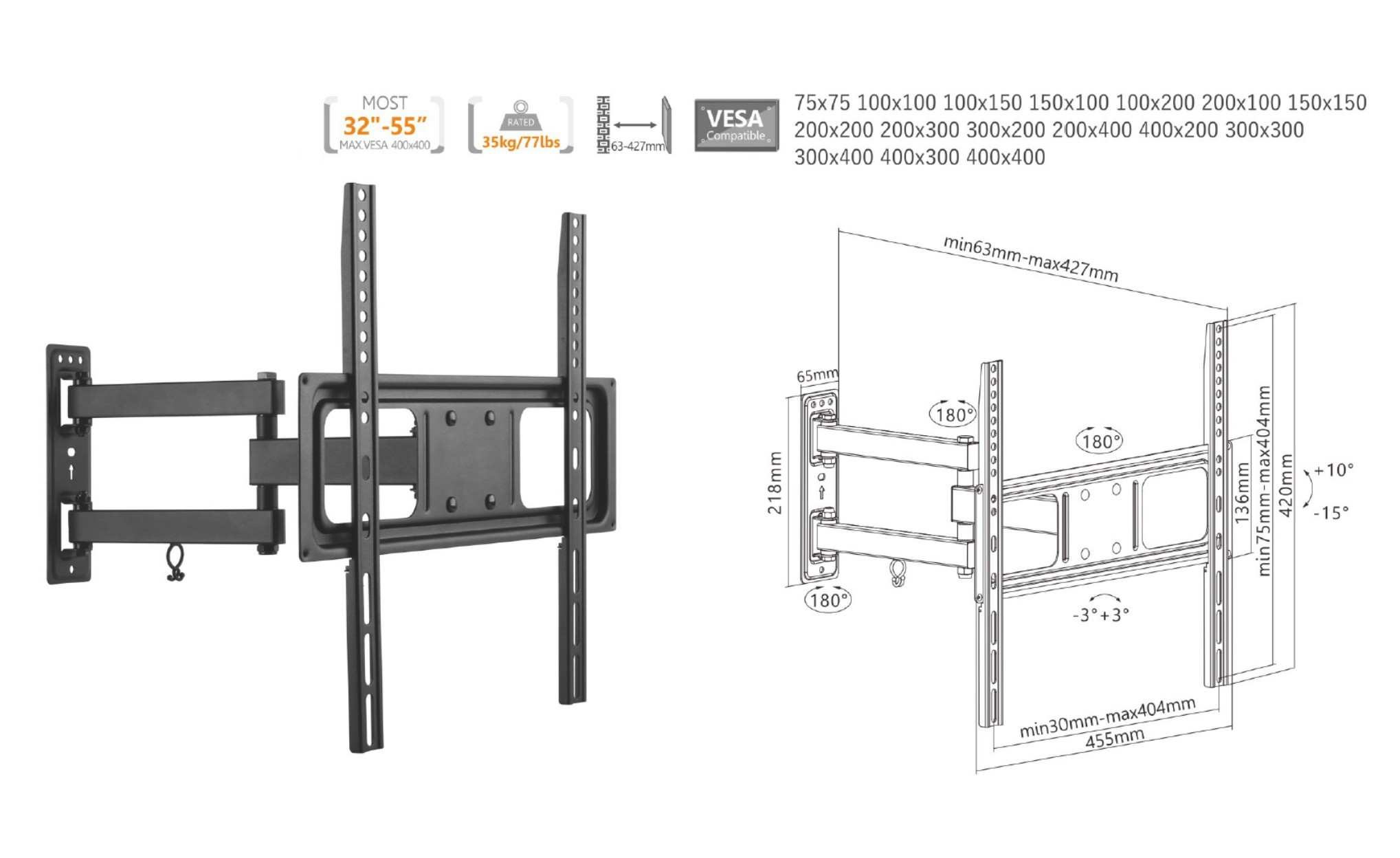 Equip Halterung - Voll beweglich - für LCD-Display / Curved LCD-Display - stainless steel - Schwarz - 81.3-139.7 cm, Ansicht 2