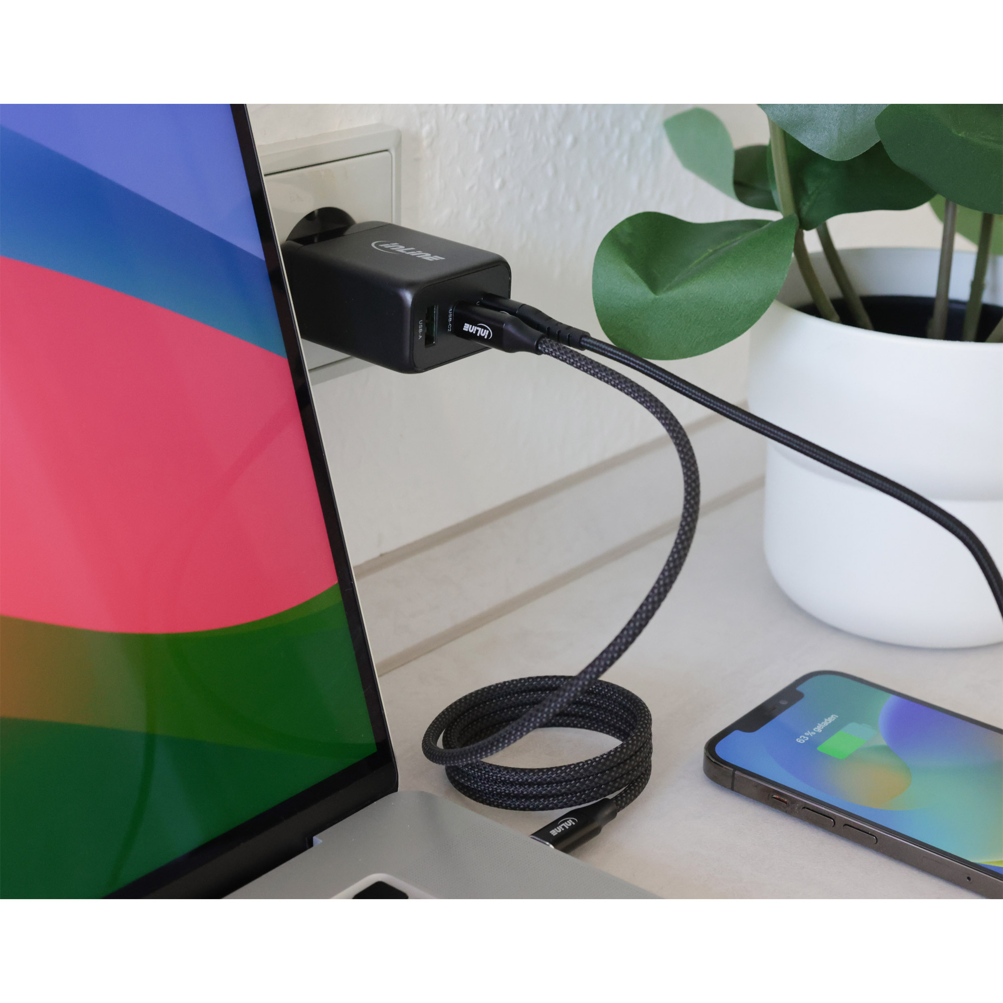 InLine USB PD Netzteil - GaN Ladegerät - 3-Port - Dual USB-C + USB-A - 65W - schwarz, Ansicht 3