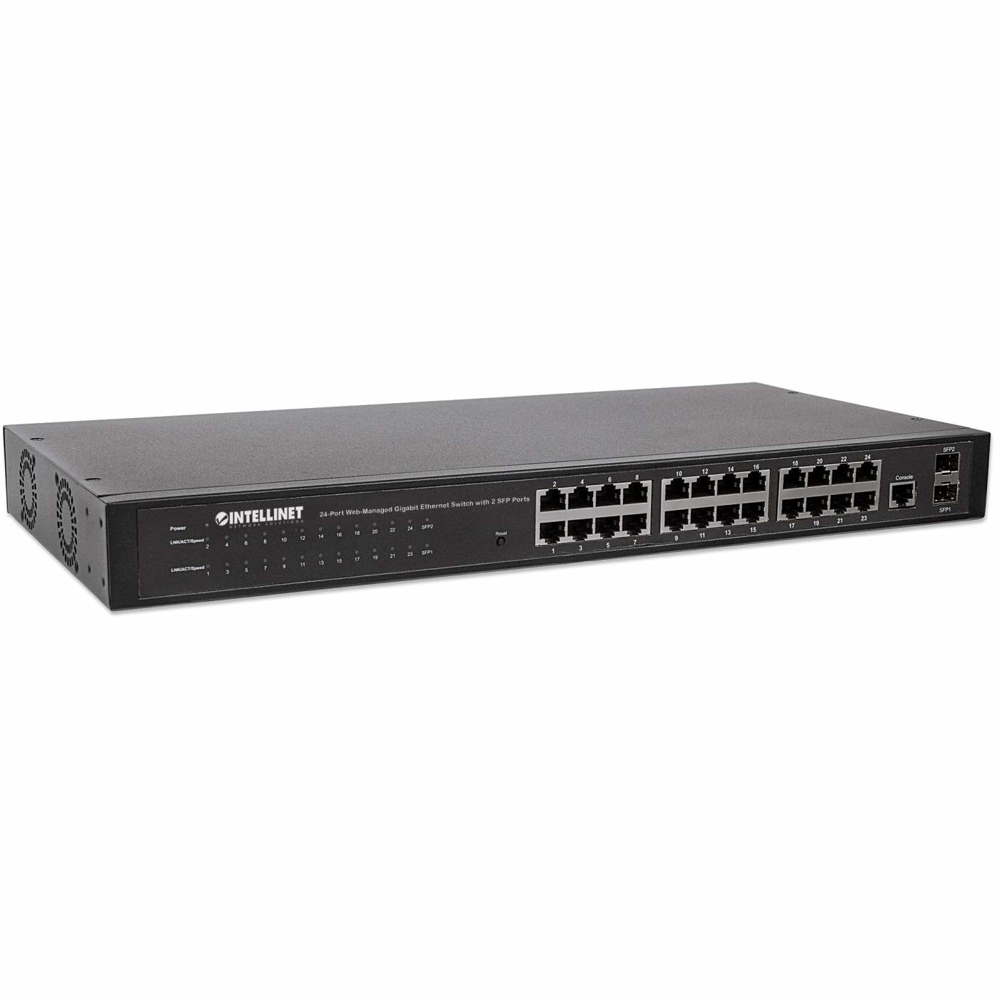 Intellinet 24-Port Web-Managed Gigabit Ethernet Switch mit 2 SFP-Ports, 24 x 10/100/1000 Mbit/s RJ45 Ports + 2 x SFP, Ansicht 3