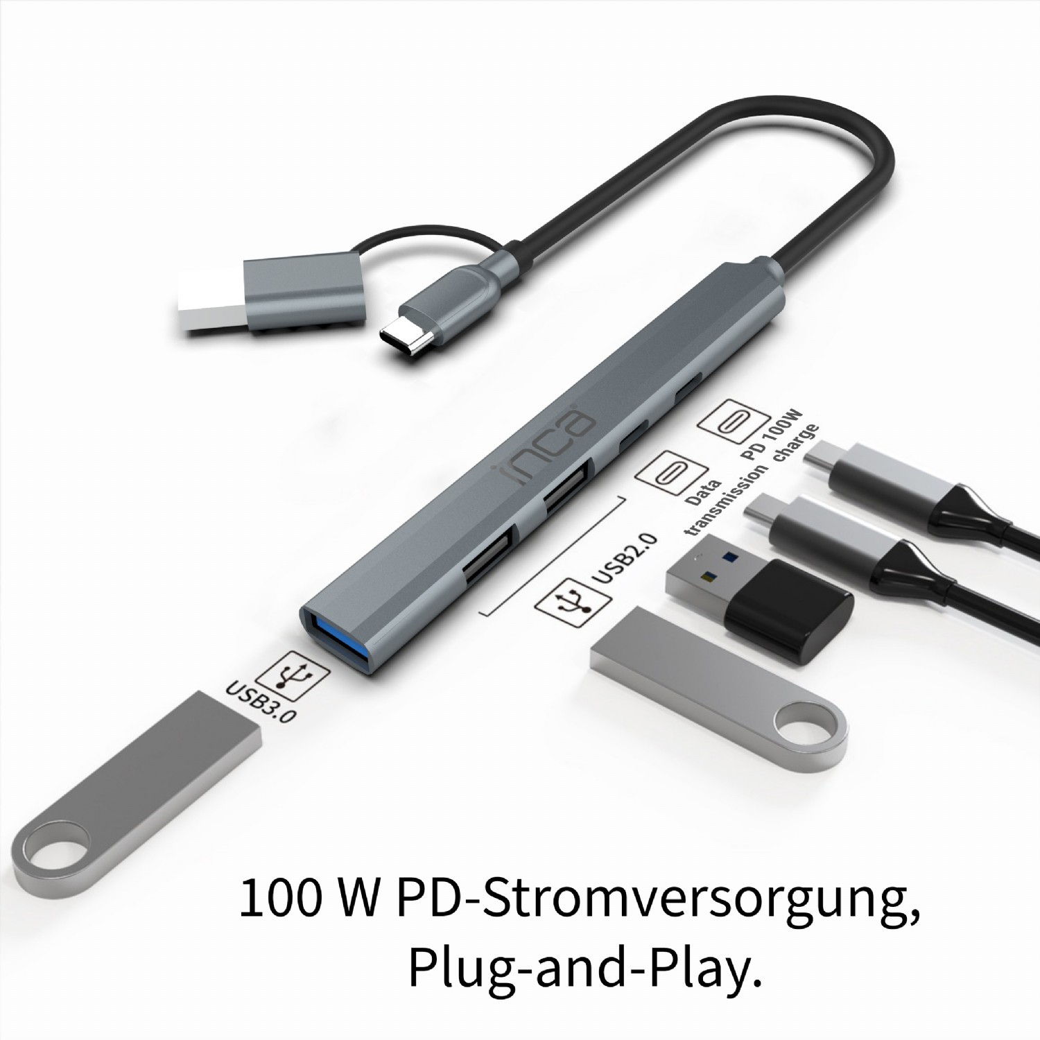 INCA Adapter IUTP-06TX USB C/A USB 3.0/2.0+ Typ-C, 100W - Adapter, Ansicht 4