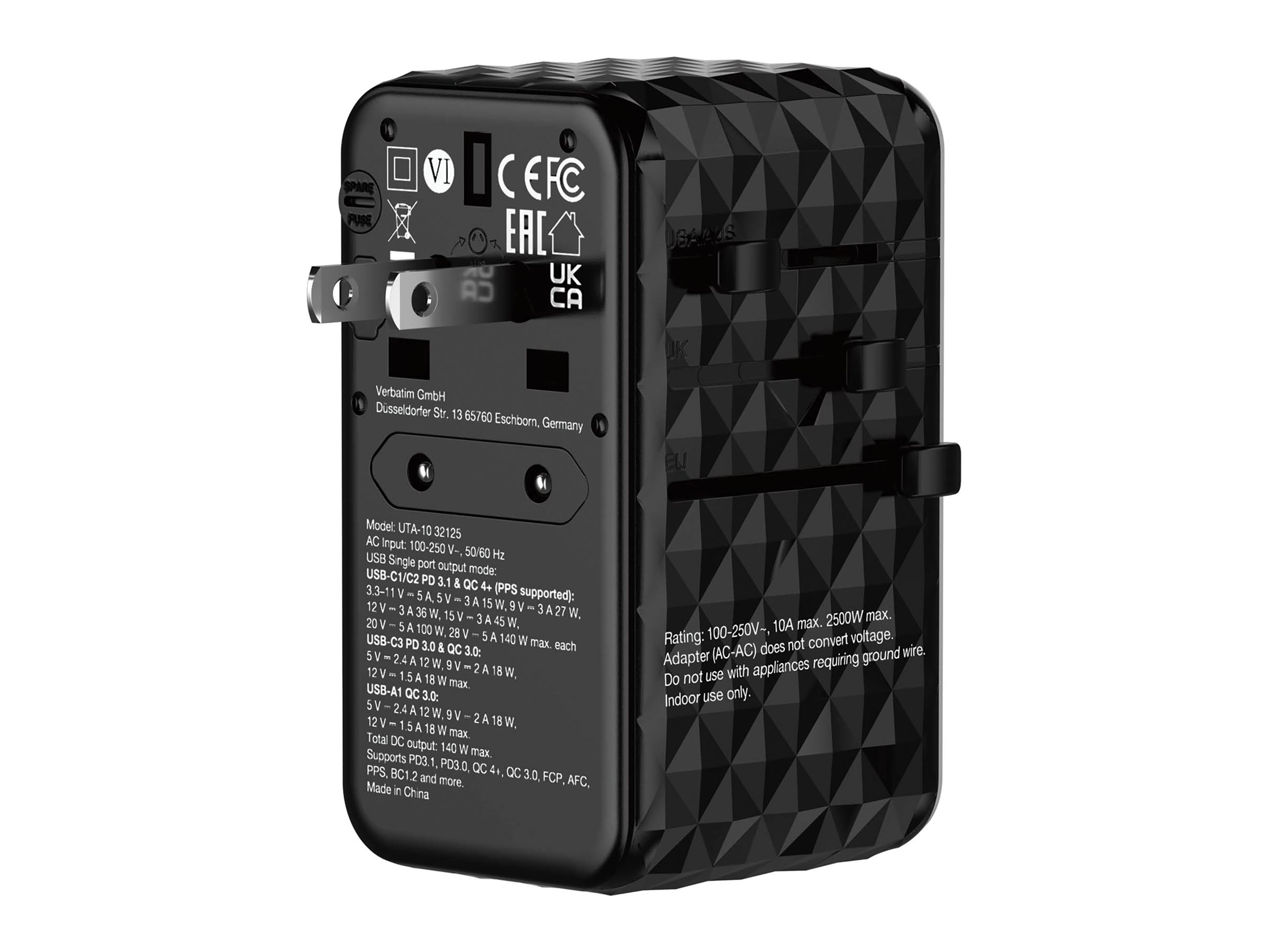 Verbatim UTA-10 - Netzteil - GaN III, Universal - 140 Watt - 10 A - Apple Fast Charge, Fast Charge, PD 3.0, QC 3.0, Ansicht 3