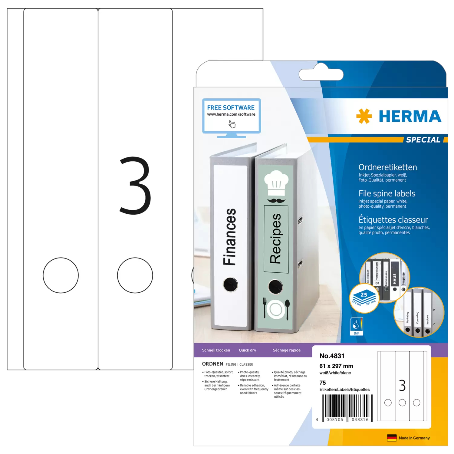 HERMA Special - Papier - matt - permanent selbstklebend - beschichtet - weiß - 61 x 297 mm - 90 g/m² - 75 Etikett(en), Ansicht 4