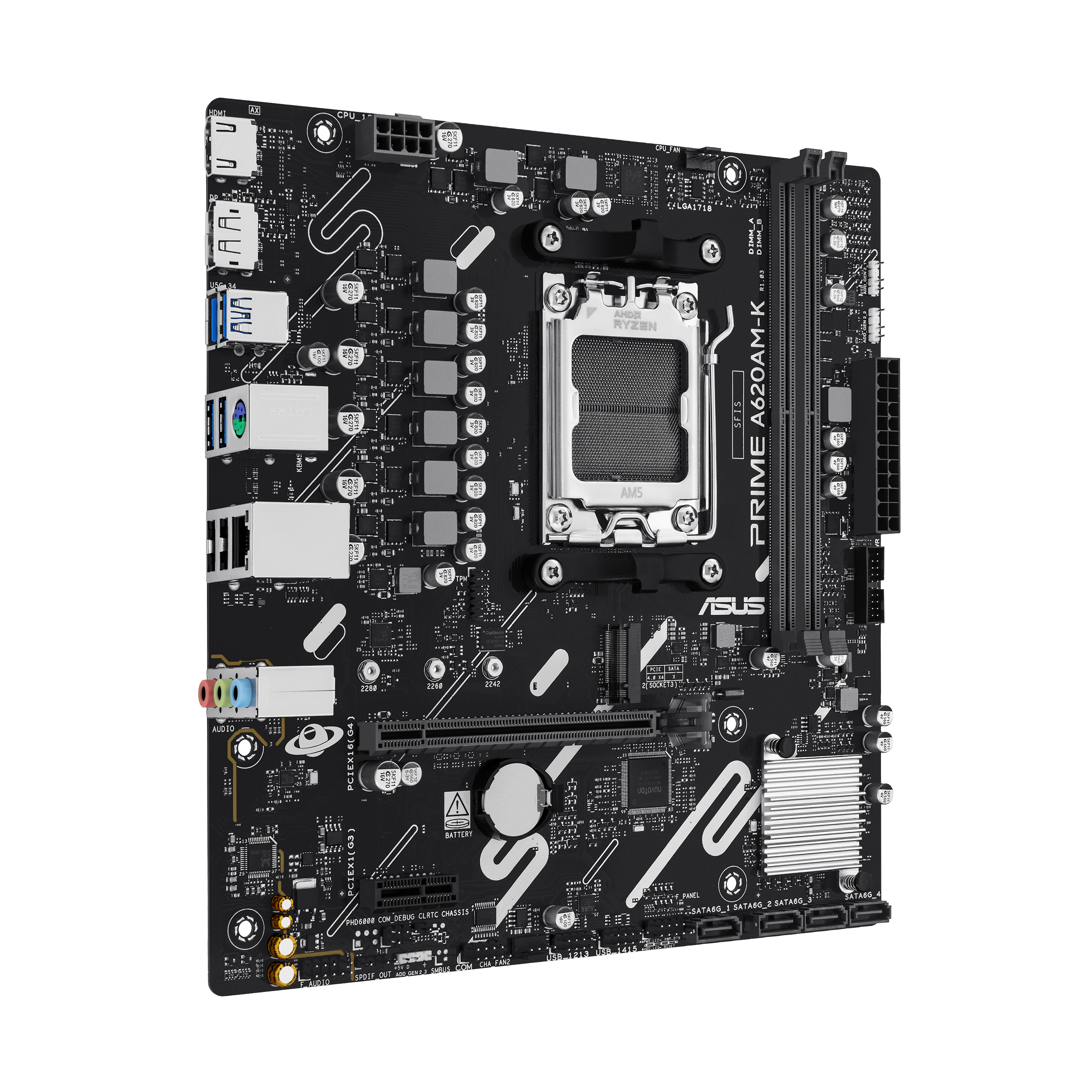 ASUS PRIME A620AM-K - Motherboard - micro ATX - Socket AM5 - AMD A620A Chipsatz - USB 3.2 Gen 1 - Gigabit LAN, Ansicht 2