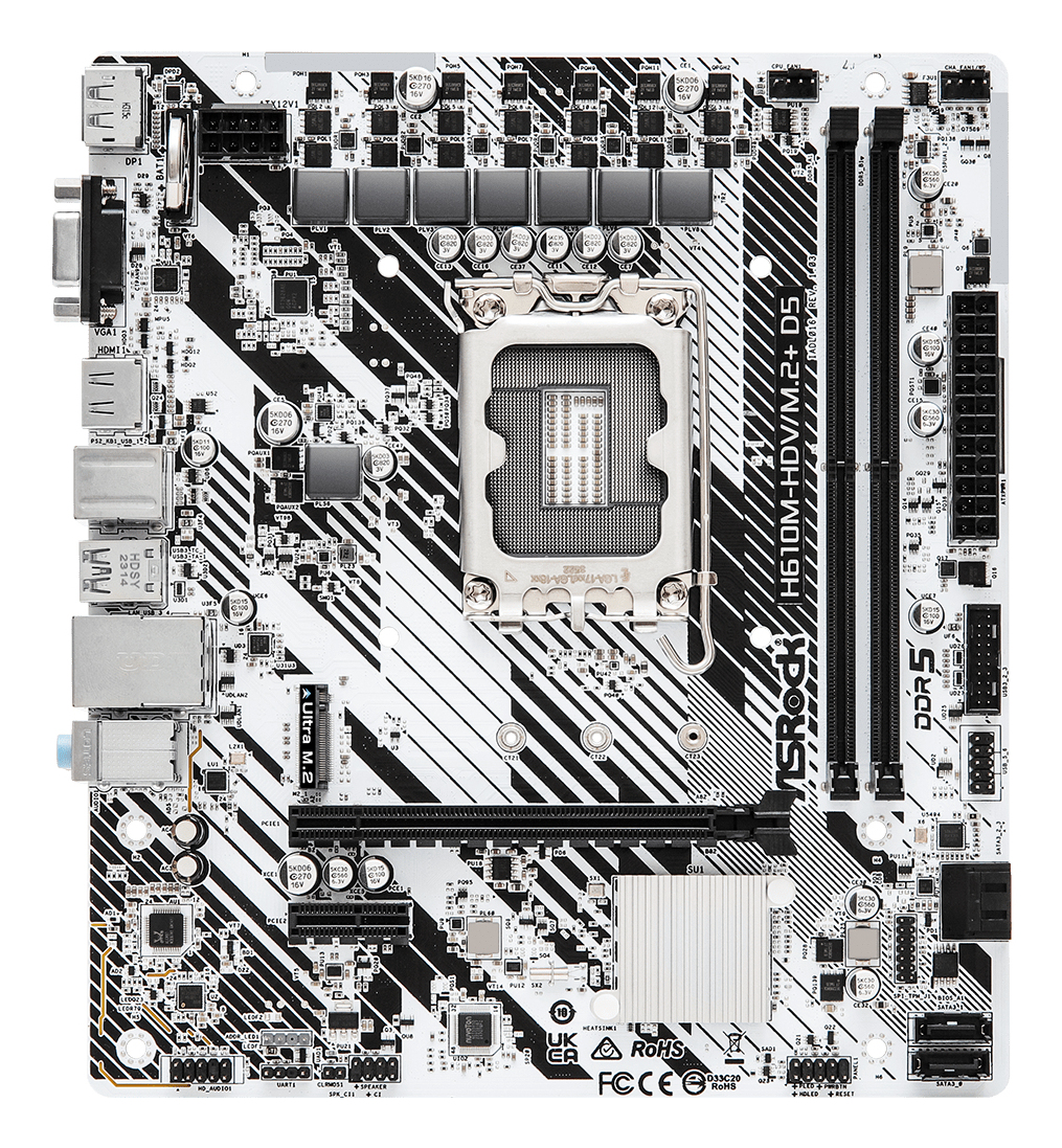 ASRock H610M-HDV/M.2+ D5 - Motherboard - micro ATX - LGA1700-Sockel - H610 Chipsatz - USB 3.2 Gen 1, USB-C 3.2 Gen 1, Ansicht 3