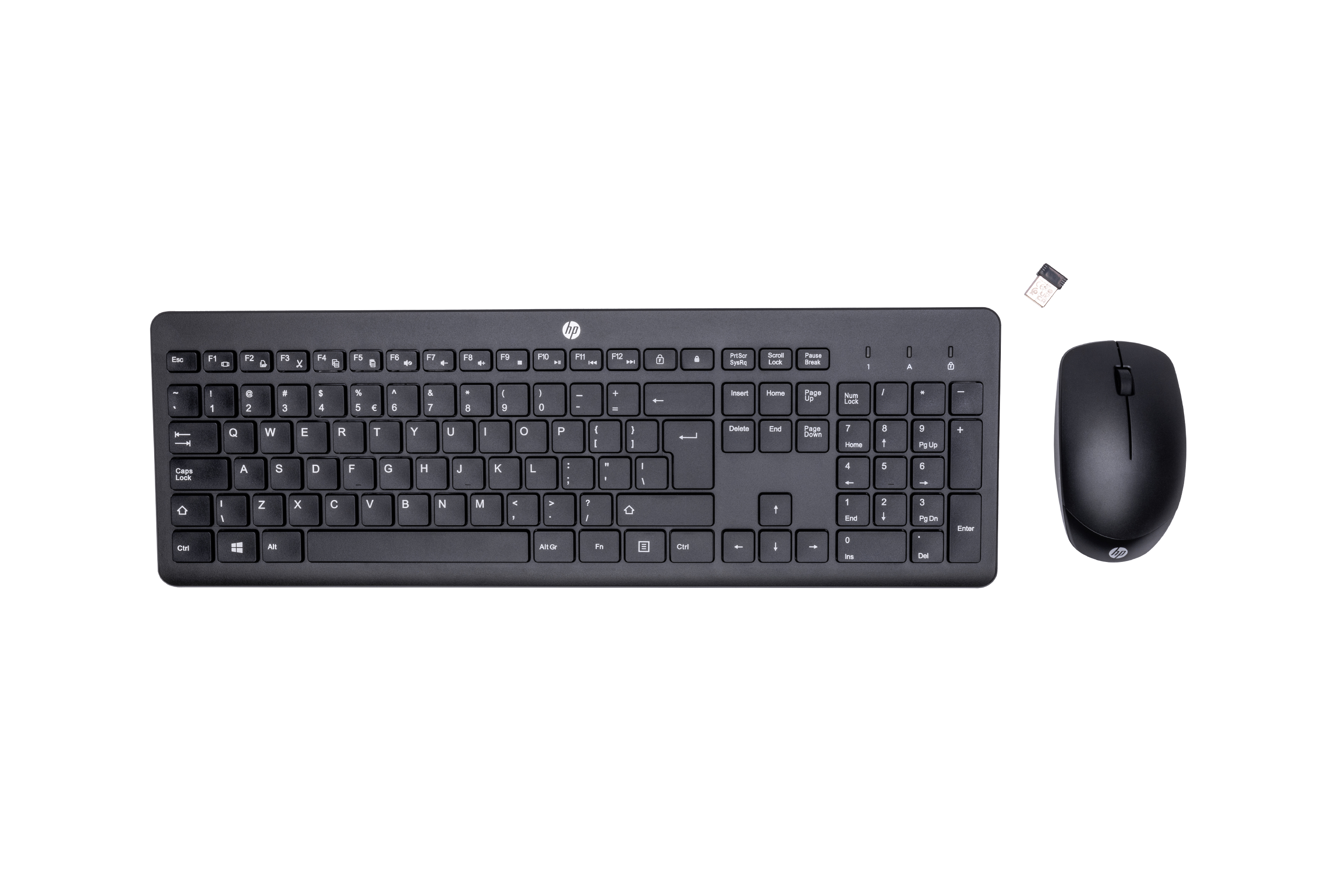 HP 230 Wireless-Maus und -Tastatur (kombiniert), Volle Größe (100%), Kabellos, RF Wireless, Membran Key Switch, Schwarz, Maus enthalten