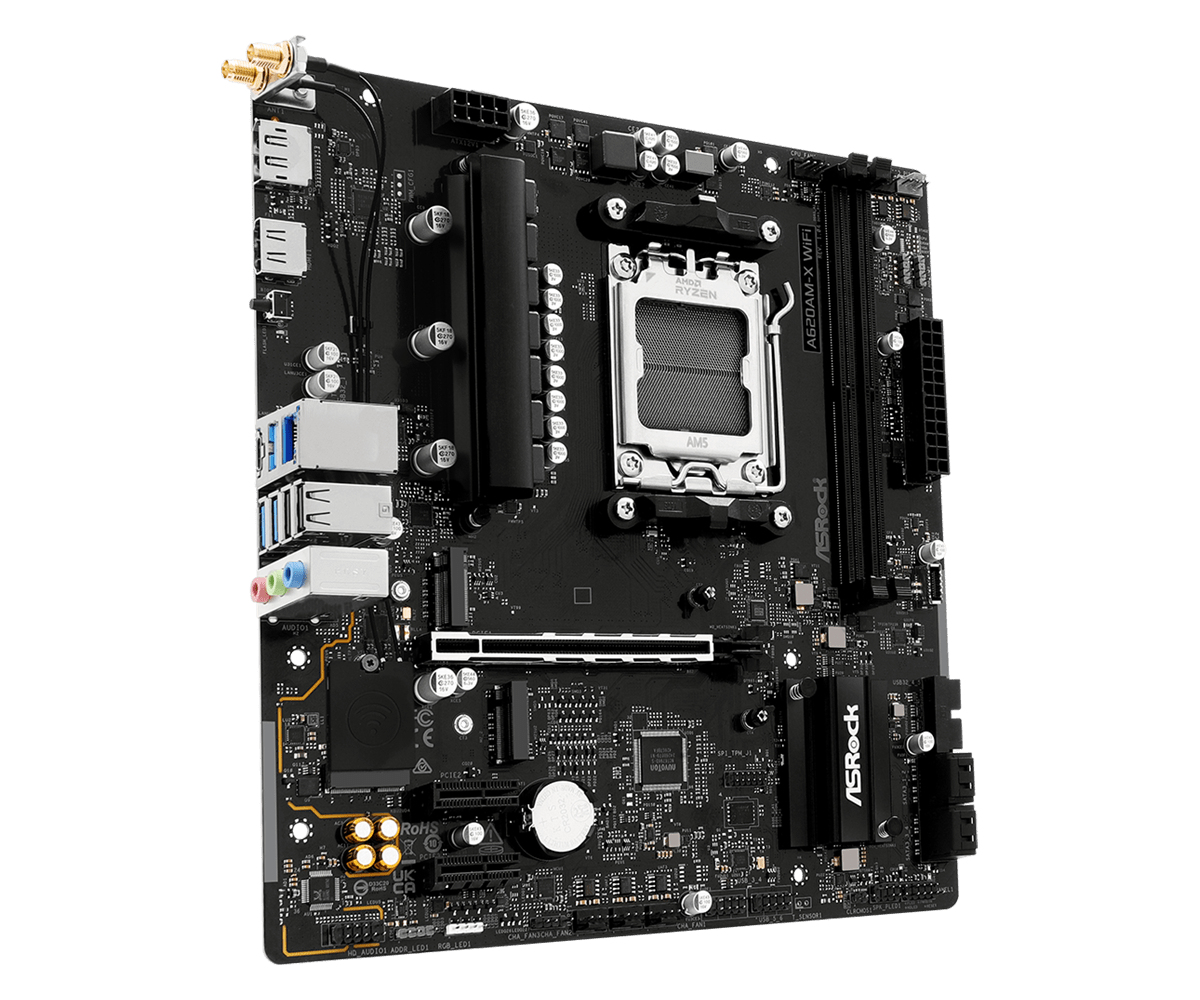 ASRock A620AM-X WIFI - Motherboard - micro ATX - Socket AM5 - AMD A620A Chipsatz - 2.5 Gigabit LAN, Wi-Fi, Bluetooth, Ansicht 3