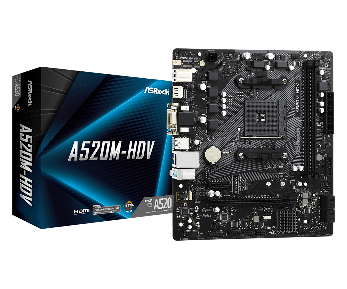 ASRock A520M-HDV - AMD - Socket AM4 - AMD Ryzen - DDR4-SDRAM - DIMM - 2133,2400,2666,2933,3200,3466,3600,3733,3800,3866,