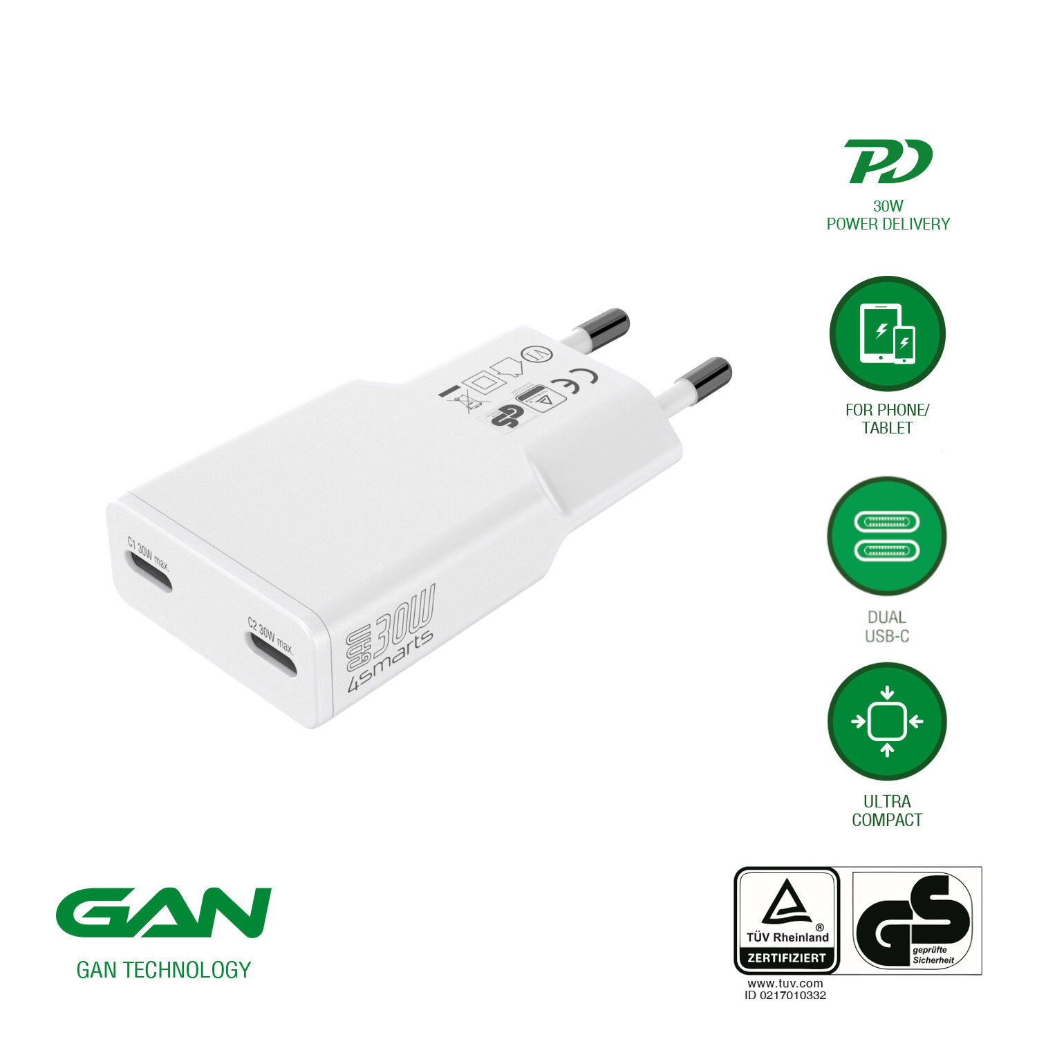 4smarts Netzladegerät PDPlug Slim Dual GaN 2C weiß - 30.000 W, Ansicht 2