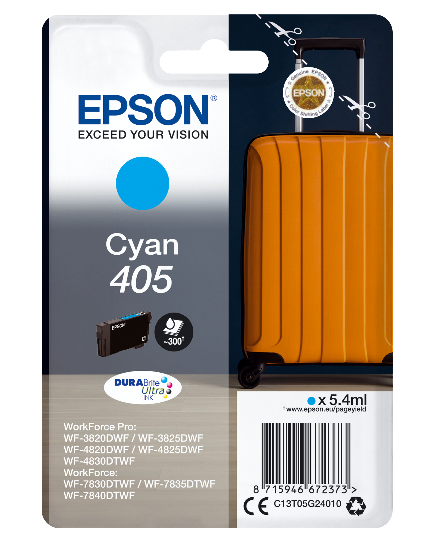 Epson Singlepack Cyan 405 DURABrite Ultra Ink, Standardertrag, Tinte auf Pigmentbasis, 5,4 ml, 1 Stück(e), Einzelpackung