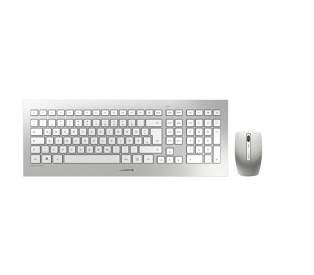 Cherry DW 8000 Kabelloses Desktopset, Weiß/Silber, USB (QWERTZ - DE), Volle Größe (100%), Kabellos, RF Wireless, QWERTZ, Silber, Weiß, Maus enthalten