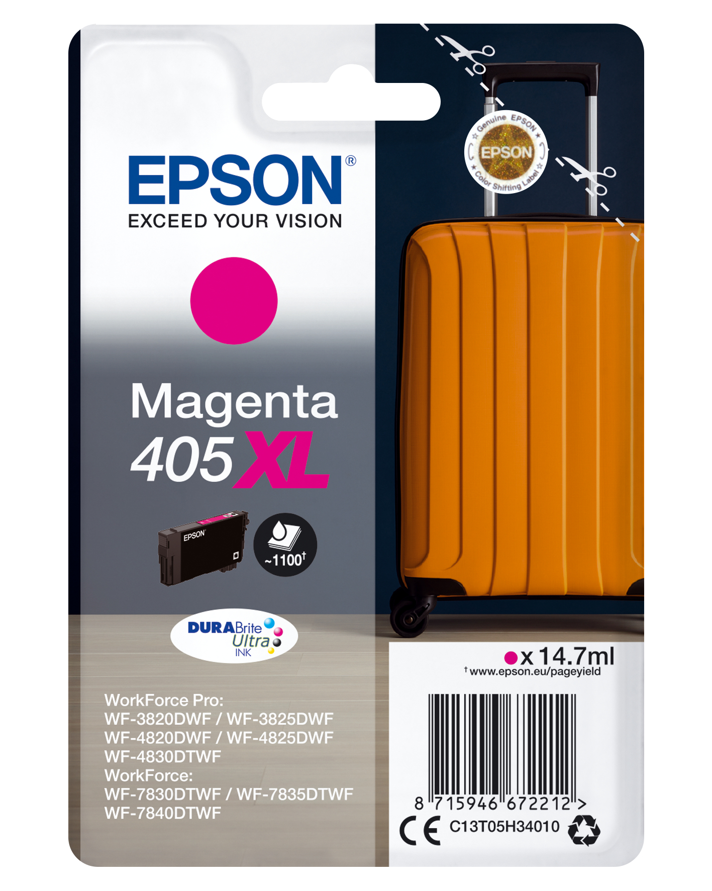 Epson Singlepack Magenta 405XL DURABrite Ultra Ink, Hohe (XL-) Ausbeute, Tinte auf Pigmentbasis, 14,7 ml, 1 Stück(e), Einzelpackung