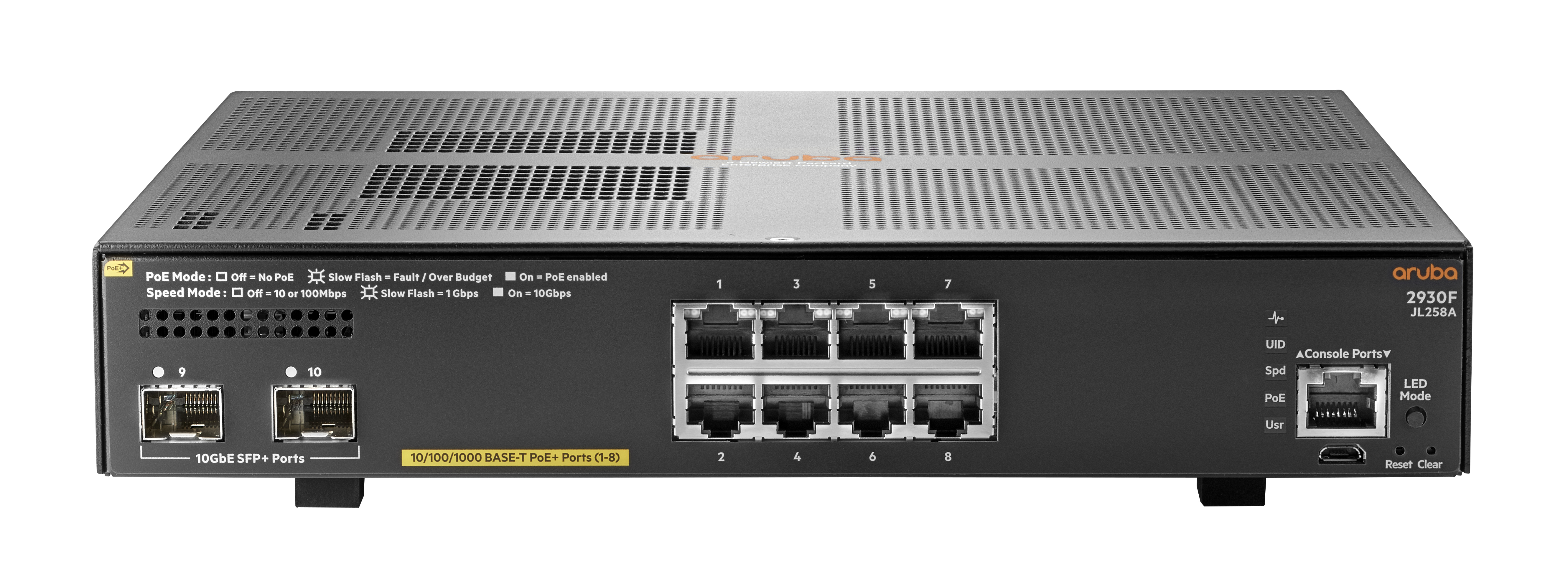 HPE Aruba Networking Aruba 2930F 8G PoE+ 2SFP+, Managed, L3, Gigabit Ethernet (10/100/1000), Power over Ethernet (PoE), Rack-Einbau, 1U