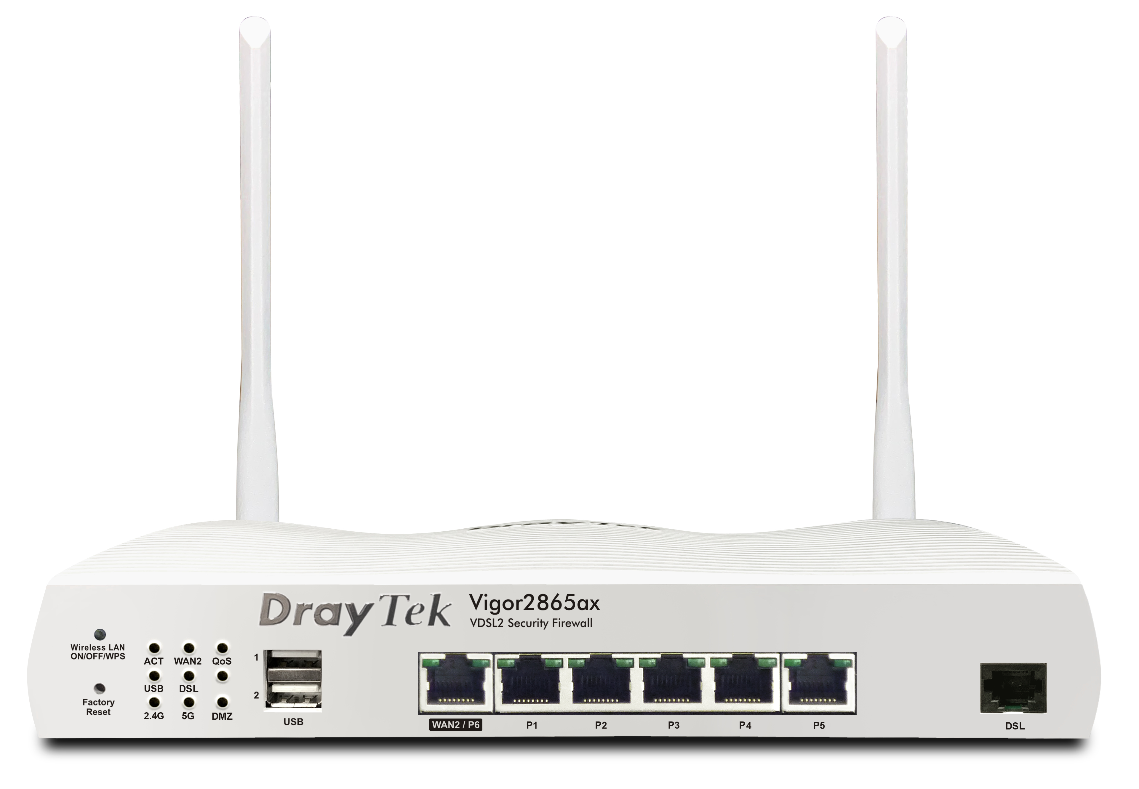 Draytek Vigor 2865ax - Wi-Fi 6 (802.11ax) - Dual-Band (2,4 GHz/5 GHz) - Ethernet/LAN - ADSL2 - Weiß - Tabletop-Router, Ansicht 2