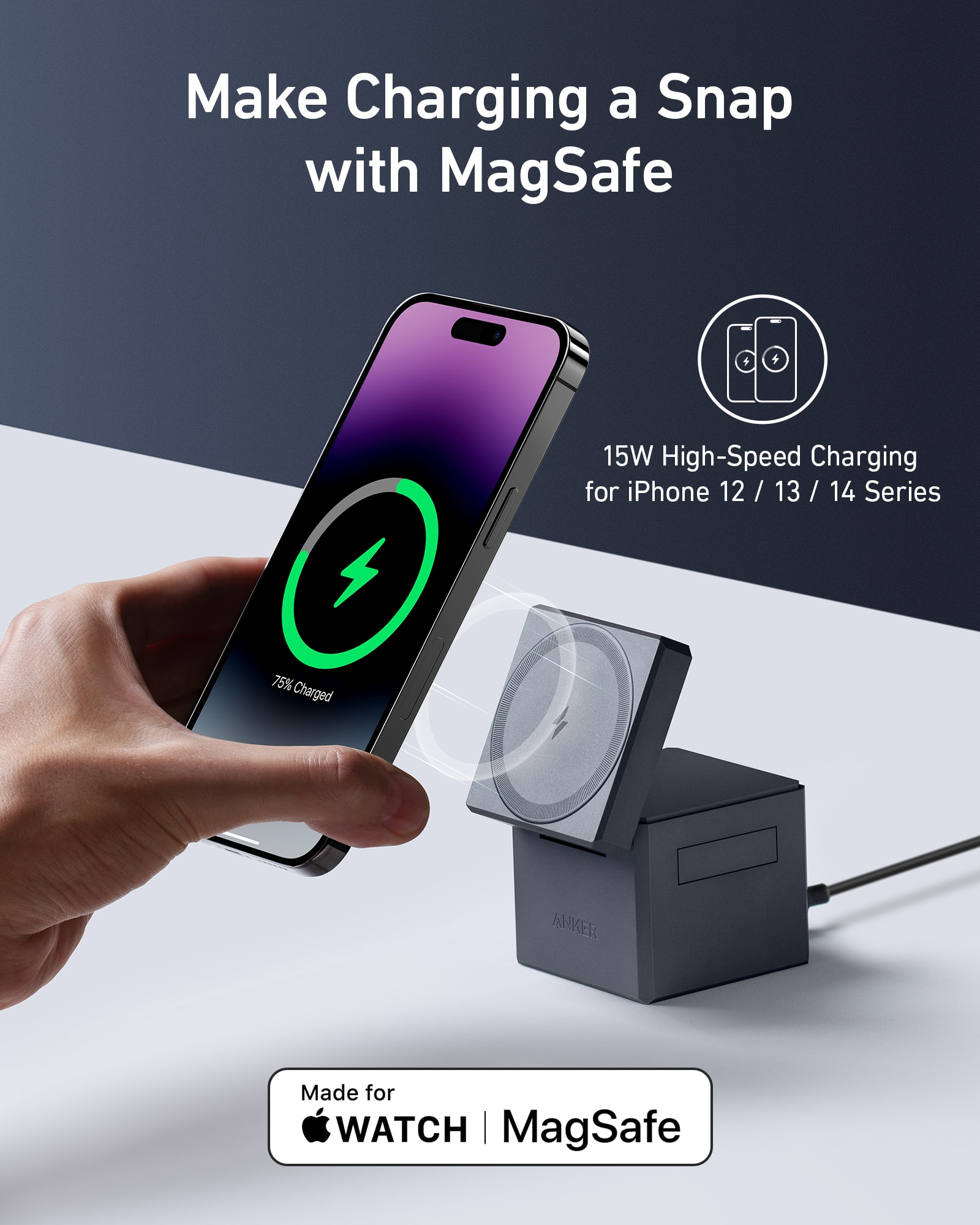Anker Innovations Anker 3-in-1 Cube - Kabelloses Ladegerät - mit MagSafe + AC-Netzteil, Ansicht 3