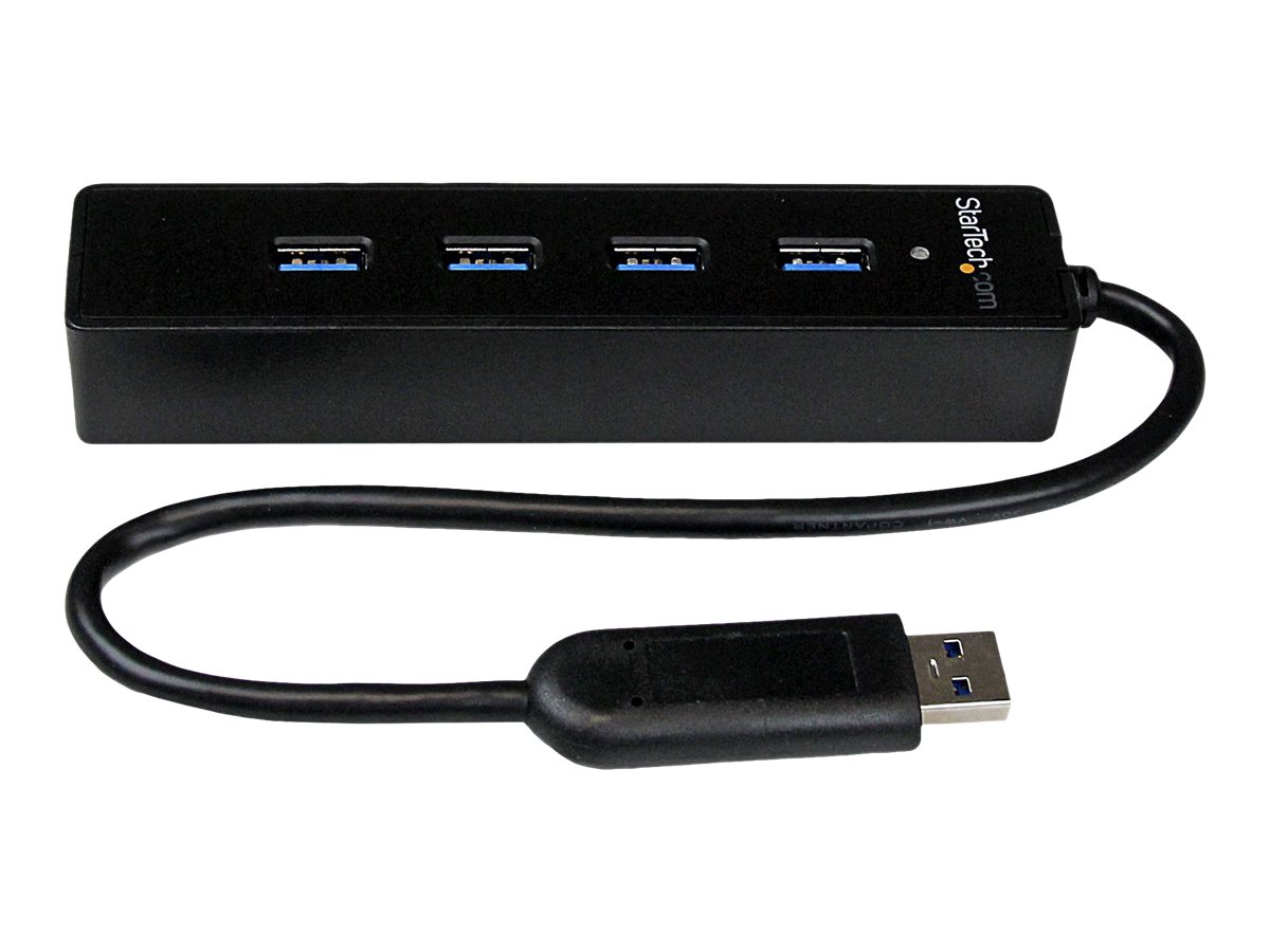 StarTech.com 4 Port USB 3.0 SuperSpeed Hub - Schwarz - Portabler externer USB Hub mit eingebautem Kabel - Hub - 4 x SuperSpeed USB 3.0 - Desktop